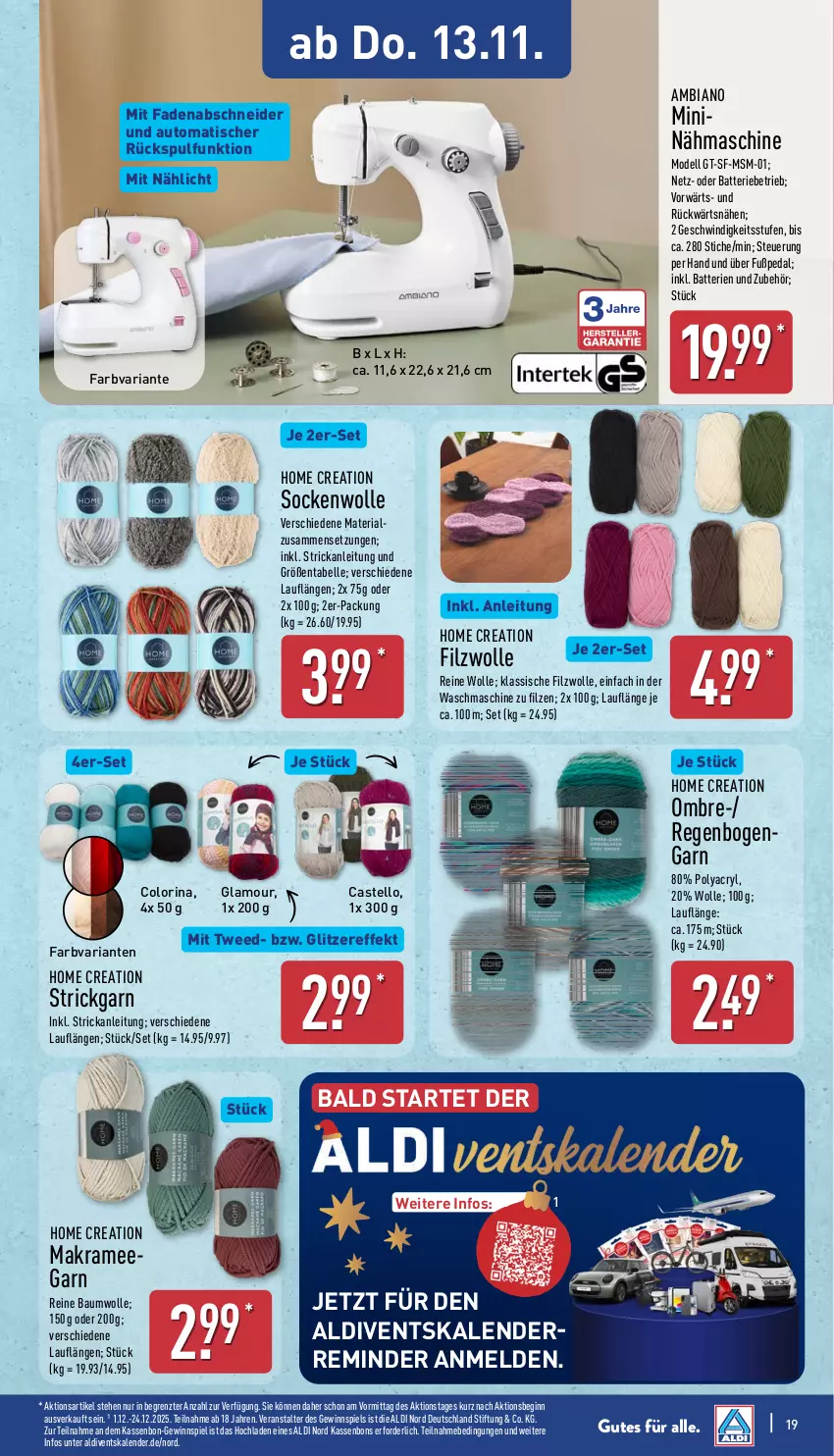 Aktueller Prospekt Aldi Nord - Von Montag - von 10.11 bis 15.11.2025 - strona 23 - produkty: aldi, ambia, auto, batterie, batterien, Bau, baumwolle, dell, elle, gewinnspiel, gin, Mode, Nähmaschine, reine baumwolle, Ria, socken, Strickgarn, Ti, tisch, waschmaschine, wolle, ZTE