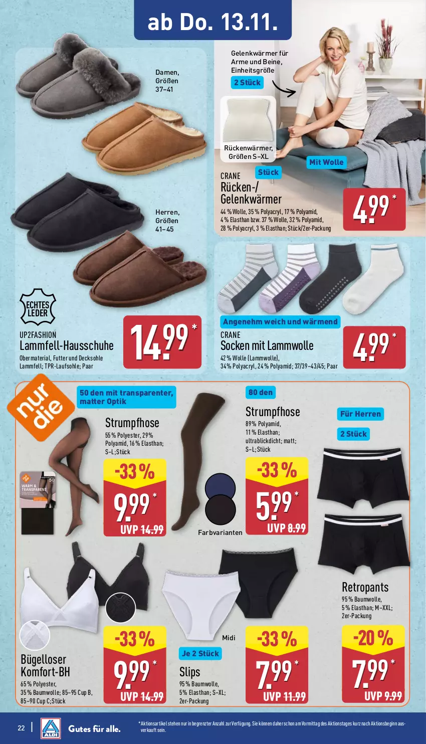 Aktueller Prospekt Aldi Nord - Von Montag - von 10.11 bis 15.11.2025 - strona 26 - produkty: Bau, baumwolle, bügel, decksohle, ente, gin, Hausschuhe, hose, lamm, Lammfell, mam, Pants, Retropants, Ria, rum, schuhe, slip, slips, socken, Strumpfhose, Ti, up2fashion, wolle, ZTE