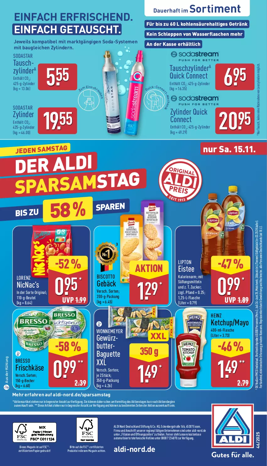 Aktueller Prospekt Aldi Nord - Von Montag - von 10.11 bis 15.11.2025 - strona 32 - produkty: aldi, auer, auto, baguette, Bau, Becher, beutel, biscotto, bresso, brut, butter, eis, eistee, Elektro, flasche, frischkäse, getränk, gewürz, gin, heinz, HP, Käse, ketchup, Laufen, lipton, lorenz, magazin, papier, Soda, tee, telefon, Ti, wasser, Yo, ZTE, zucker