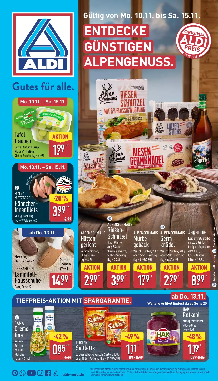 Aktueller Prospekt Aldi Nord - Von Montag - von 10.11 bis 15.11.2025 - strona 5 - produkty: aldi, apfel, aus der tiefkühlung, creme, decke, eis, filet, filets, flasche, Germ, gewürz, gin, Hausschuhe, Jagertee, Knödel, lamm, Lammfell, lorenz, Maus, nuss, rama, reis, rotkohl, saltletts, Schal, Schale, schnitzel, schuhe, tee, Ti, tiefpreis, trauben, up2fashion, wiener, ZTE