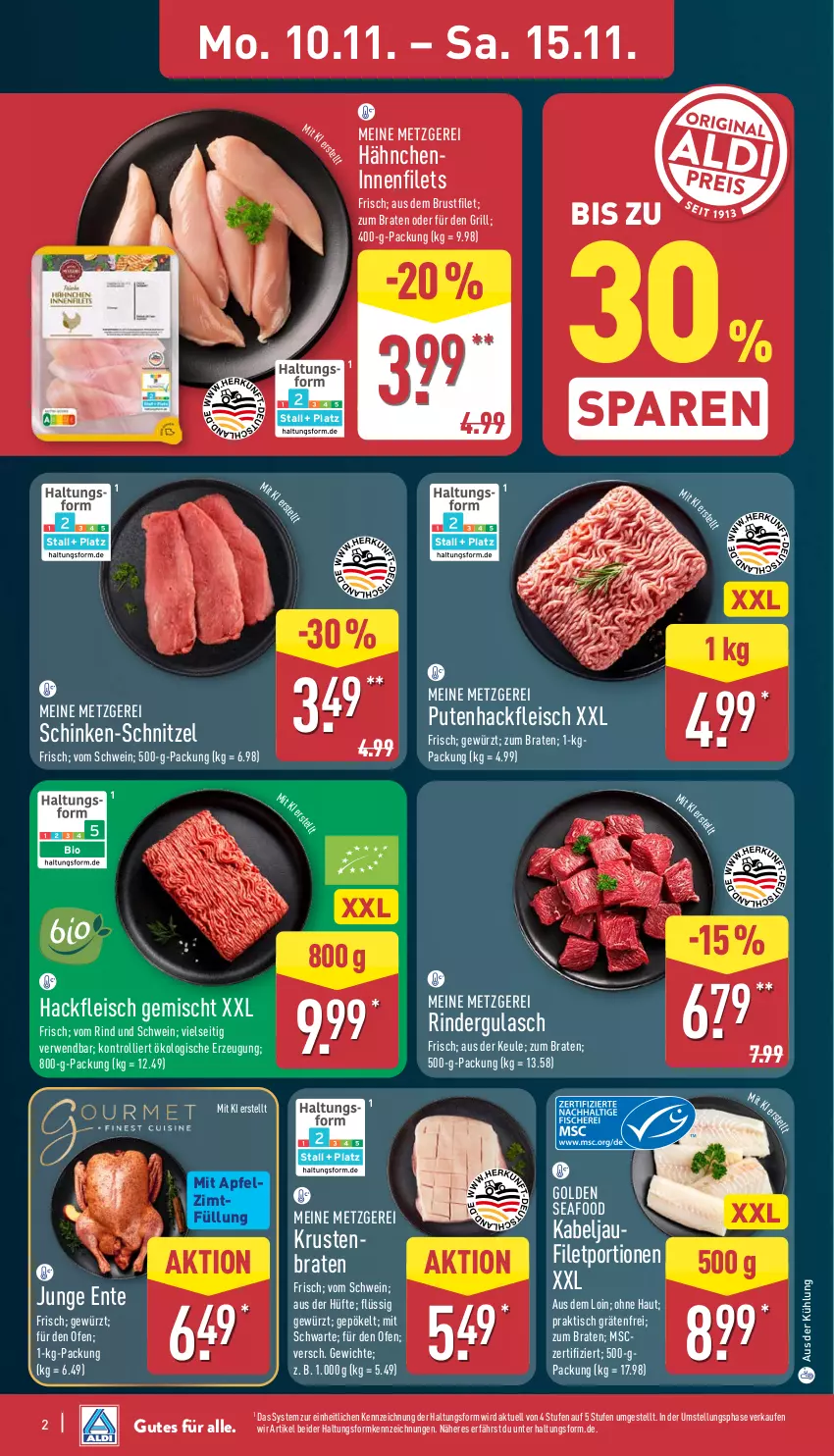 Aktueller Prospekt Aldi Nord - Von Montag - von 10.11 bis 15.11.2025 - strona 6 - produkty: apfel, bio, braten, brustfilet, eis, ente, filet, filets, fleisch, gewürz, grill, gulasch, hackfleisch, hackfleisch gemischt, kabeljaufilet, Ofen, pute, Putenhackfleisch, rind, rinder, rindergulasch, rwe, schinken, schnitzel, schwein, Ti, tisch, trolli, wein