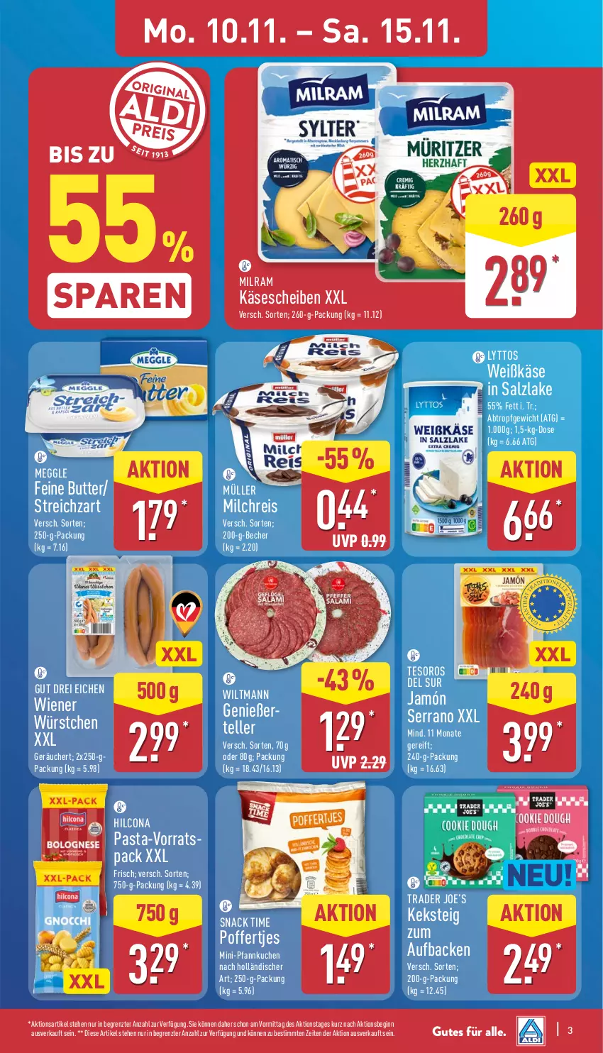 Aktueller Prospekt Aldi Nord - Von Montag - von 10.11 bis 15.11.2025 - strona 7 - produkty: Becher, butter, eis, elle, gin, hilcona, jamón serrano, Käse, käsescheiben, keks, kuchen, meggle, milch, milchreis, milram, Müller, pasta, Pfannkuchen, Poffertjes, reis, salz, serrano, snack, snack time, Streichzart, teller, Ti, wiener, wiener würstchen, wiltmann, würstchen, ZTE