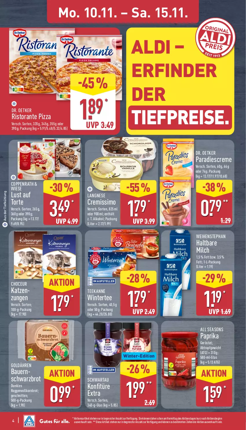 Aktueller Prospekt Aldi Nord - Von Montag - von 10.11 bis 15.11.2025 - strona 8 - produkty: aldi, alkohol, auer, aus der tiefkühlung, Bau, Bauer, brot, coppenrath, creme, cremissimo, Dr. Oetker, eis, elle, gin, haltbare milch, konfitüre, konfitüre extra, korn, Kornbrot, langnese, langnese cremissimo, Lust auf Torte, milch, paprika, pizza, reis, ristorante, ristorante pizza, schnitten, Schwartau, Schwarzbrot, sim, tee, teekanne, teller, Ti, tiefpreis, torte, vollkornbrot, weihenstephan, ZTE