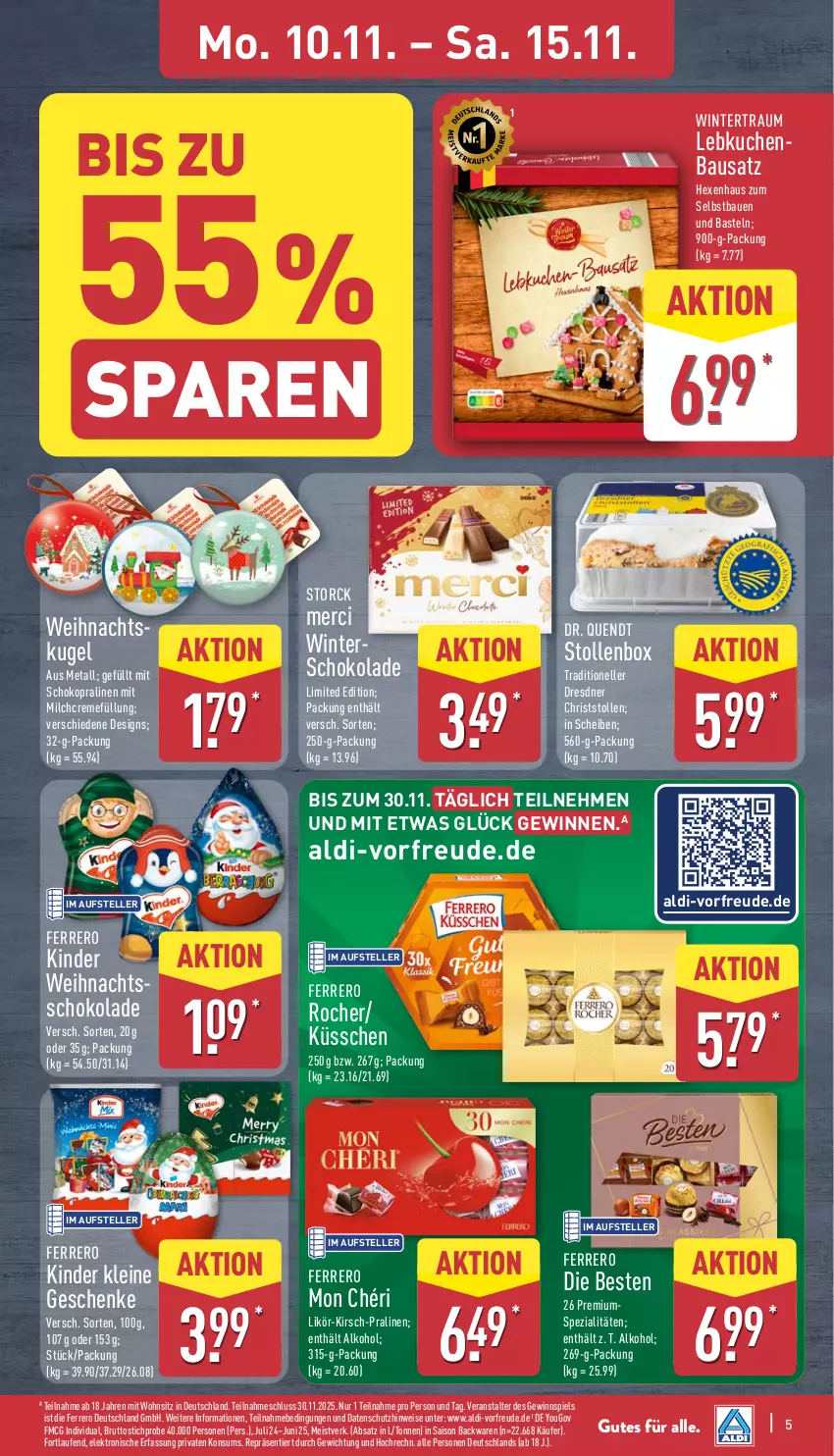 Aktueller Prospekt Aldi Nord - Von Montag - von 10.11 bis 15.11.2025 - strona 9 - produkty: aldi, alkohol, backwaren, Bau, brut, creme, eis, Elektro, elle, ferrero, gewinnspiel, HP, Kinder, kirsch, kuchen, Kugel, Laufen, Lebkuchen, leine, likör, merci, milch, Mon Chéri, pralinen, schoko, schokolade, Spezi, Stollen, storck, teller, Ti, Yo