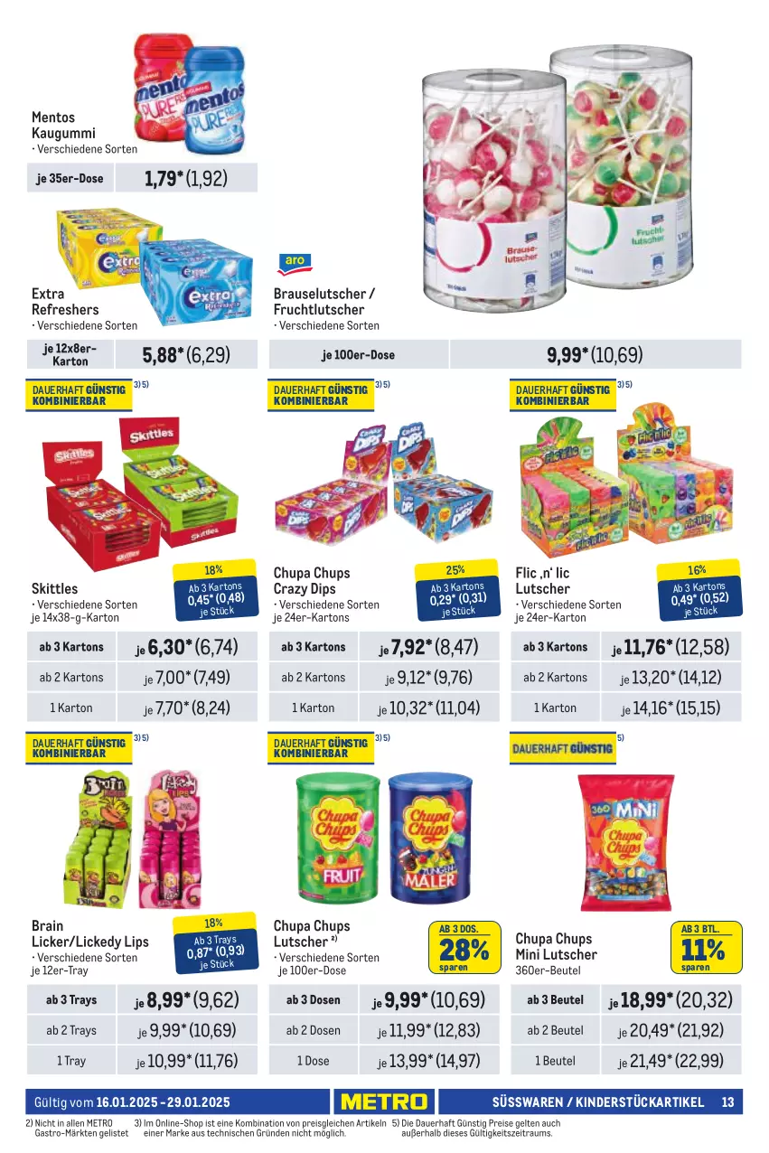 Aktueller Prospekt Metro - Händler Journal - von 16.01 bis 29.01.2025 - strona 13 - produkty: auer, beutel, brause, chupa, chupa chups, dip, eis, frucht, kaugummi, Kinder, Lutscher, mentos, Metro, reis, skittles, süsswaren, Ti