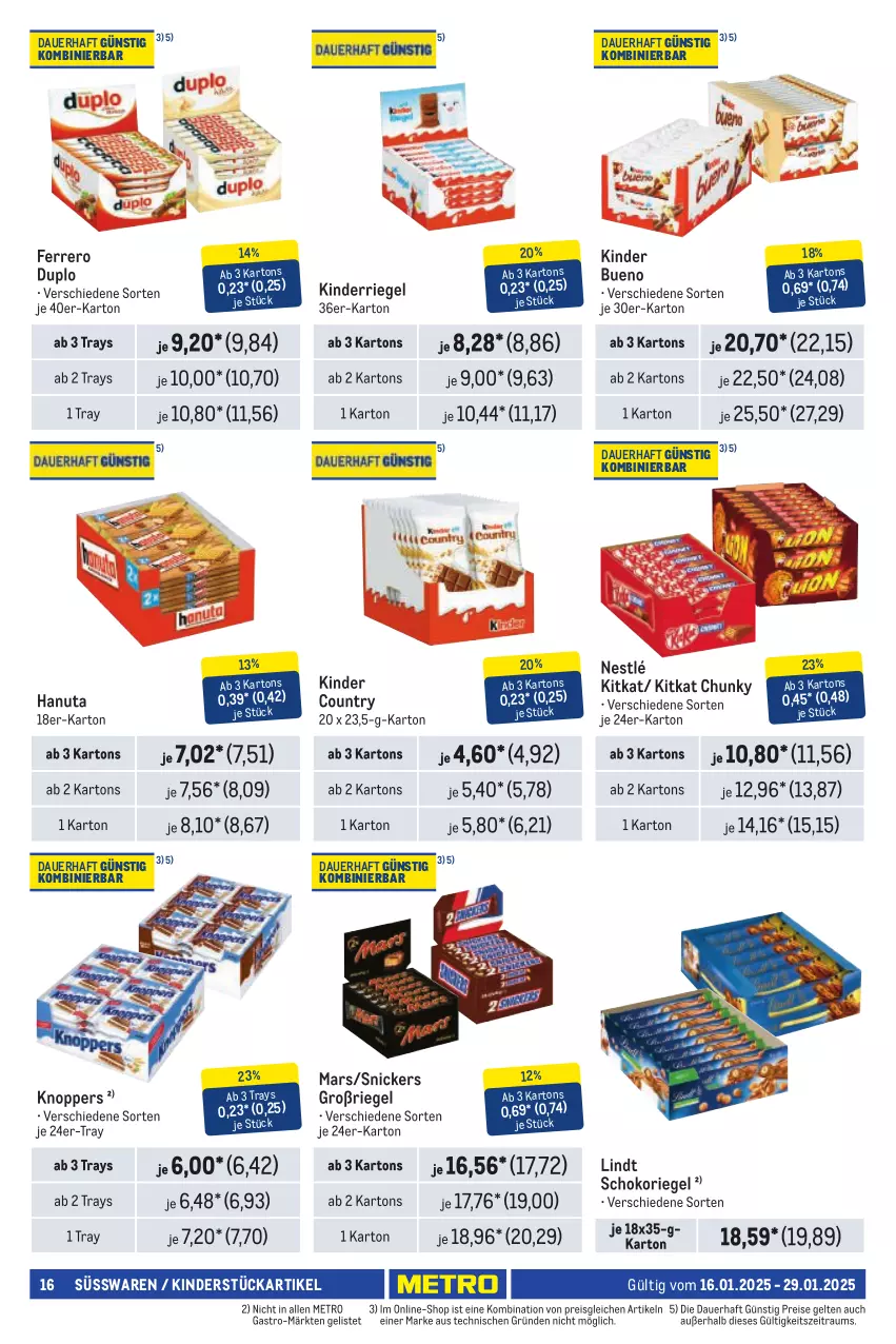 Aktueller Prospekt Metro - Händler Journal - von 16.01 bis 29.01.2025 - strona 16 - produkty: auer, duplo, eis, ferrero, hanuta, Kinder, kinder bueno, kinder country, kitkat, knoppers, lindt, mars, Metro, nestlé, reis, riegel, schoko, schokoriegel, snickers, süsswaren, Ti