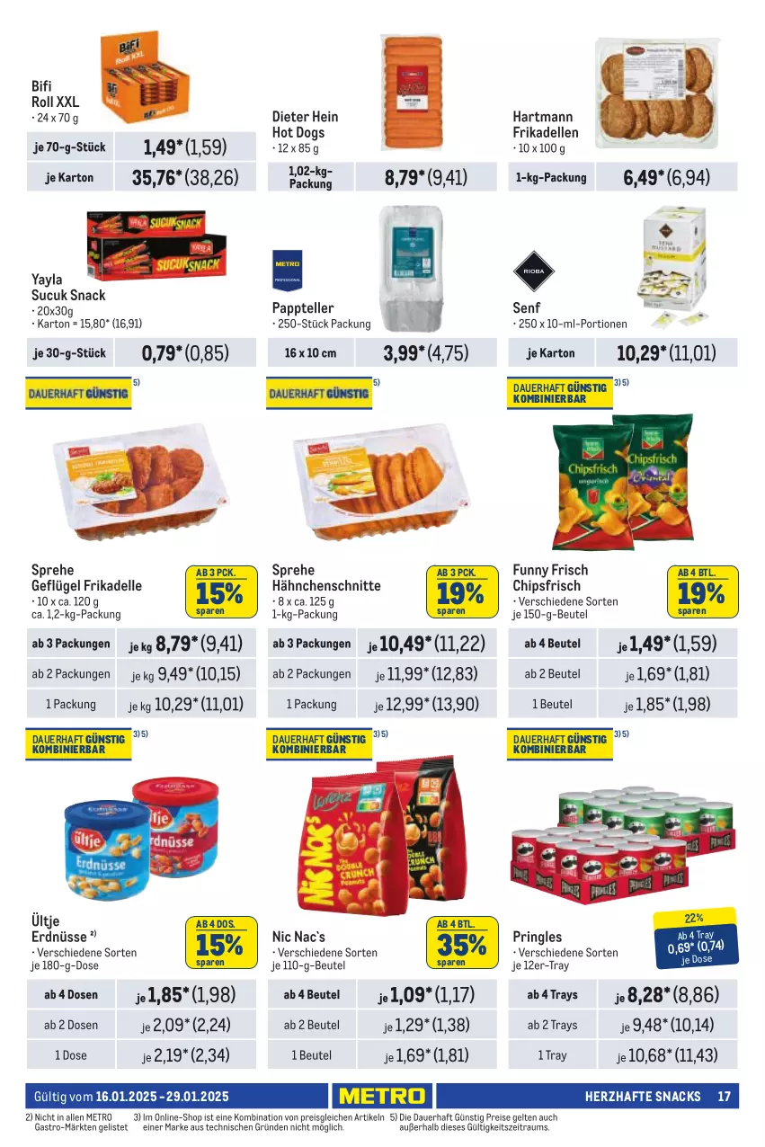 Aktueller Prospekt Metro - Händler Journal - von 16.01 bis 29.01.2025 - strona 17 - produkty: auer, beutel, bifi, chips, chipsfrisch, dell, eis, elle, erdnüsse, frikadellen, Funny Frisch, Geflügel, Hartmann, hot dog, Metro, pringles, reis, ring, senf, snack, snacks, Sucuk, teller, Ti, ültje, ültje erdnüsse