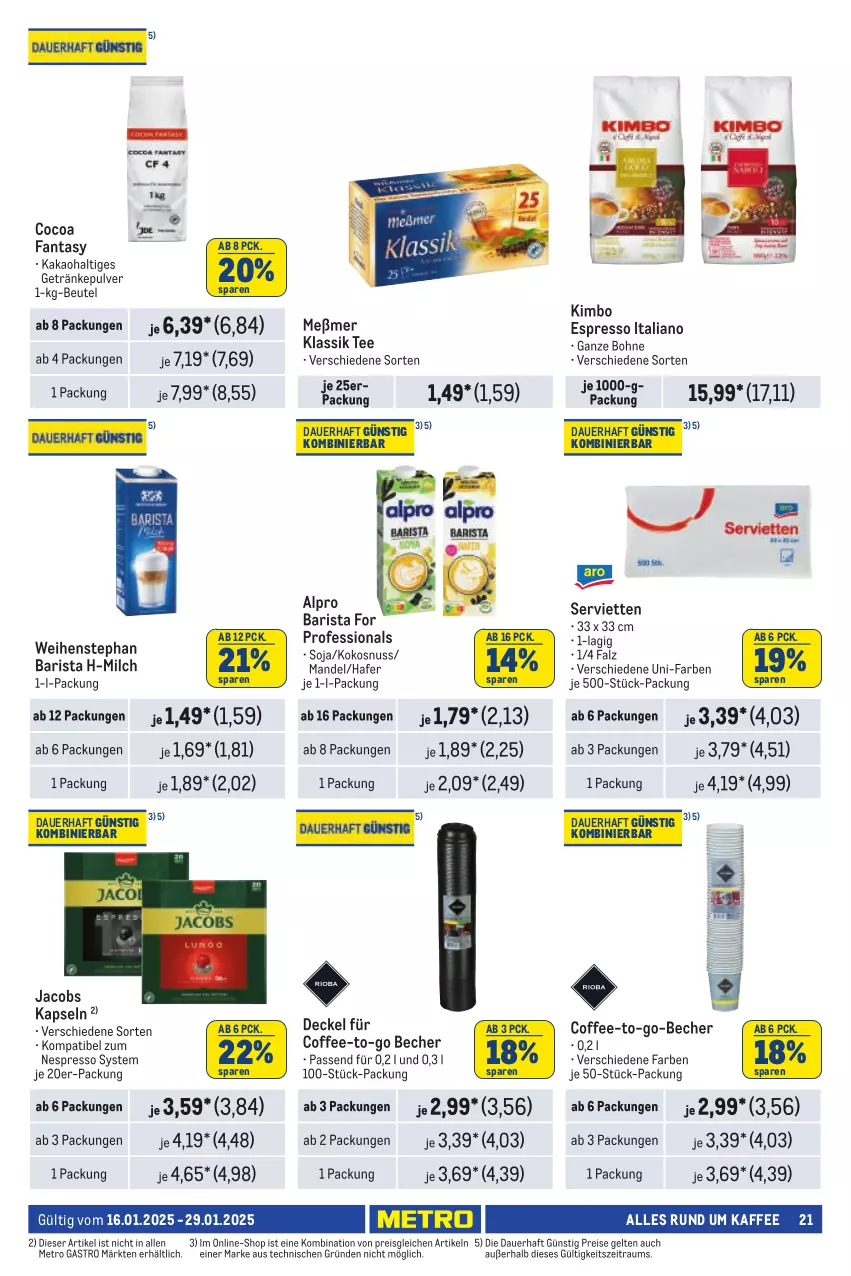 Aktueller Prospekt Metro - Händler Journal - von 16.01 bis 29.01.2025 - strona 21 - produkty: alpro, auer, Becher, beutel, bohne, decke, Deckel, eis, espresso, fanta, getränk, getränke, getränkepulver, hafer, jacobs, kaffee, kakao, kokos, kokosnuss, mandel, Meßmer, Metro, metro gastro, milch, nespresso, nuss, reis, Serviette, servietten, soja, tee, Ti, weihenstephan