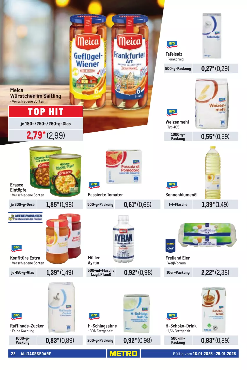 Aktueller Prospekt Metro - Händler Journal - von 16.01 bis 29.01.2025 - strona 22 - produkty: Ayran, blume, blumen, blumenöl, braun, drink, eier, eintöpfe, erasco, flasche, konfitüre, konfitüre extra, mehl, meica, Müller, sahne, salz, schlagsahne, schoko, sonnenblume, sonnenblumen, sonnenblumenöl, Ti, tomate, tomaten, weizenmehl, würstchen, zucker