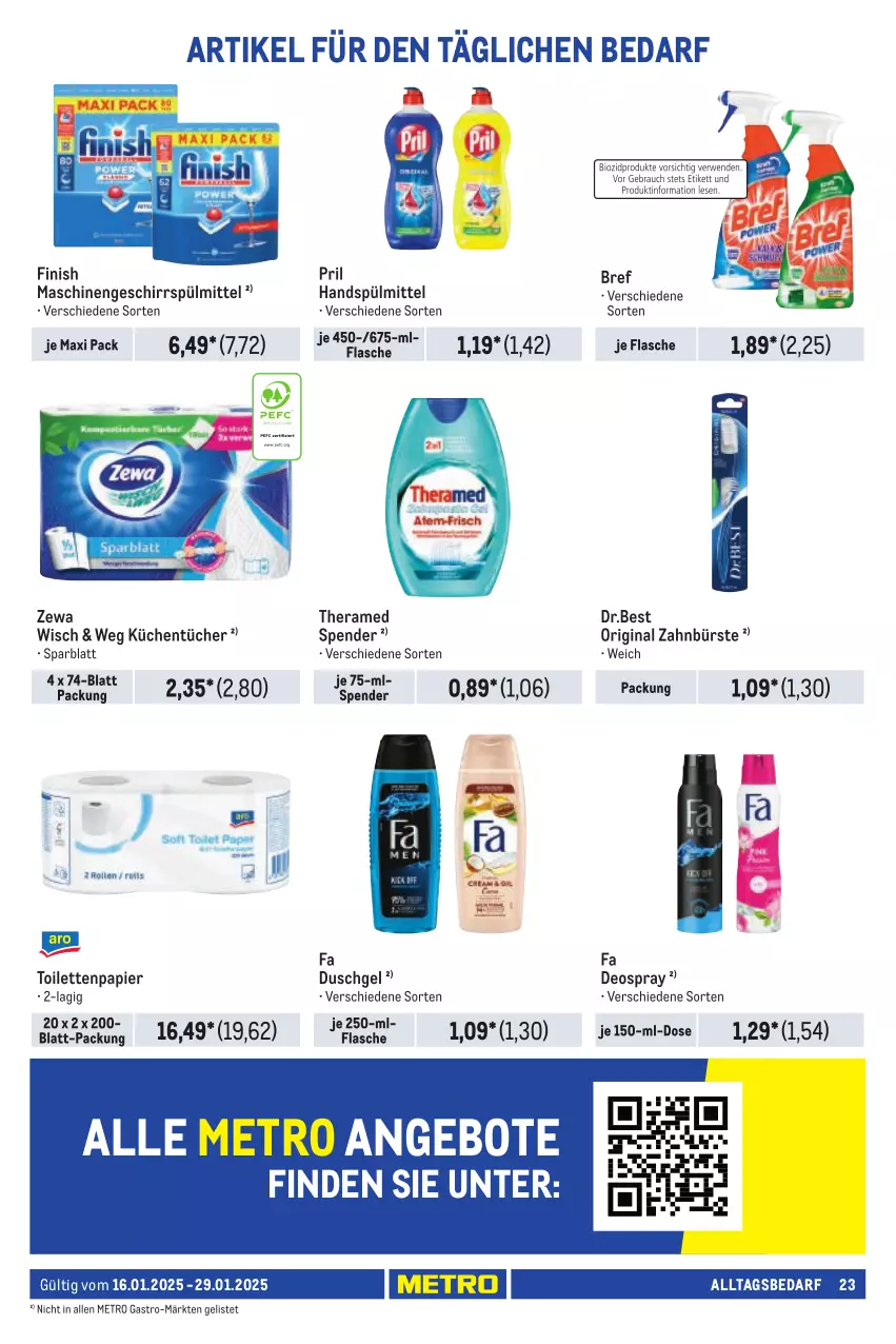 Aktueller Prospekt Metro - Händler Journal - von 16.01 bis 29.01.2025 - strona 23 - produkty: angebot, angebote, Bref, bürste, deo, deospray, duschgel, fa duschgel, Finish, flasche, geschirr, geschirrspülmittel, gin, küche, Küchen, küchentücher, Metro, metro gastro, papier, pril, spülmittel, theramed, Ti, toilettenpapier, tücher, zahnbürste, zewa