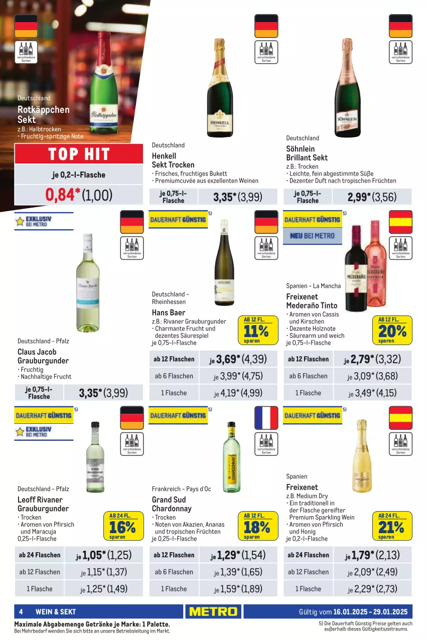 Aktueller Prospekt Metro - Händler Journal - von 16.01 bis 29.01.2025 - strona 4 - produkty: ananas, auer, brillant sekt, burgunder, cassis, chardonnay, cuvée, eis, elle, ente, flasche, freixenet, frucht, früchte, früchten, getränk, getränke, grand sud, grauburgunder, harman, henkel, henkell, henkell sekt, Holz, honig, kirsch, kirsche, kirschen, maracuja, Palette, pfirsich, reis, Rivaner, rotkäppchen, sekt, söhnlein, söhnlein brillant, Ti, wein, weine