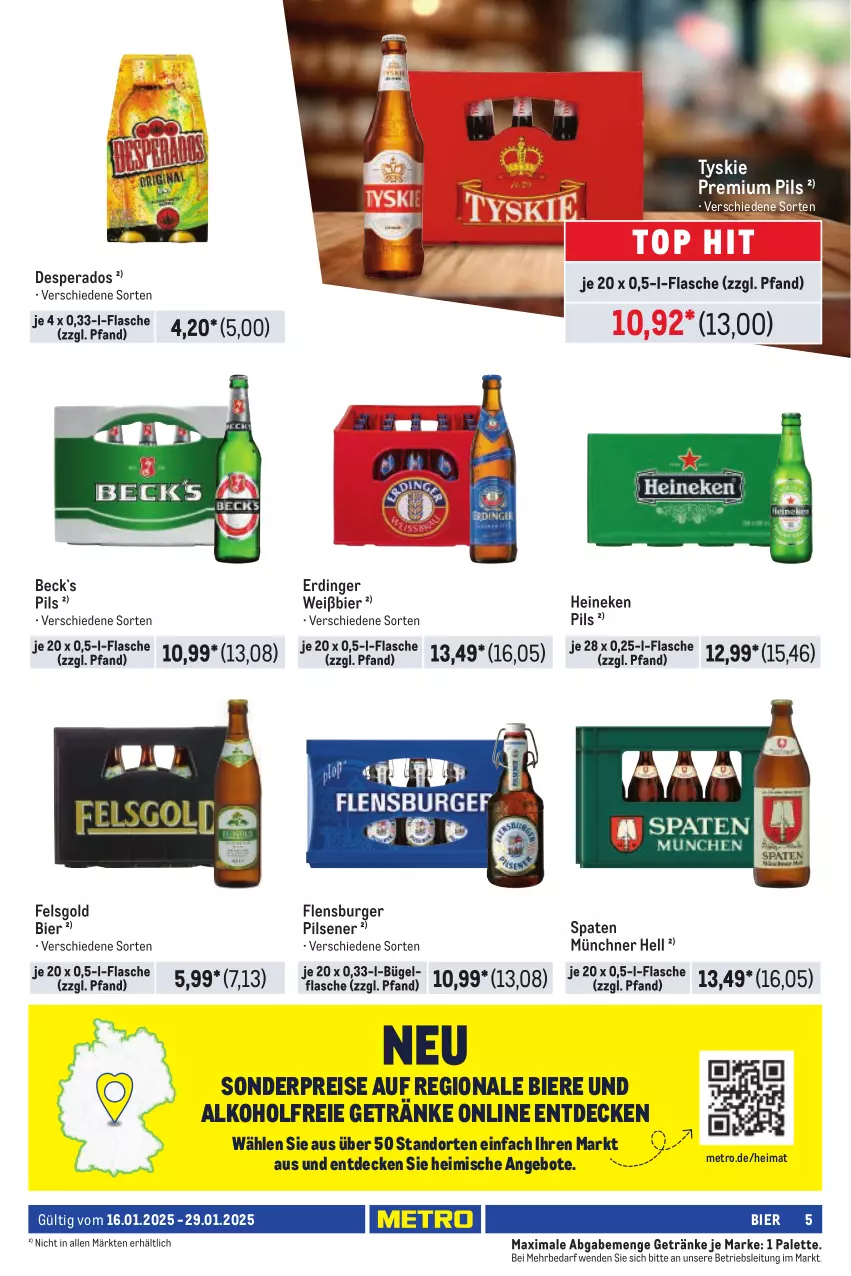 Aktueller Prospekt Metro - Händler Journal - von 16.01 bis 29.01.2025 - strona 5 - produkty: alkohol, alkoholfreie getränke, angebot, angebote, bier, Biere, bügel, bügelflasche, burger, decke, desperados, eis, erdinger, flasche, flensburger, getränk, getränke, heineken, Metro, Palette, pils, pilsener, premium pils, reis, Spaten, Ti, tyskie