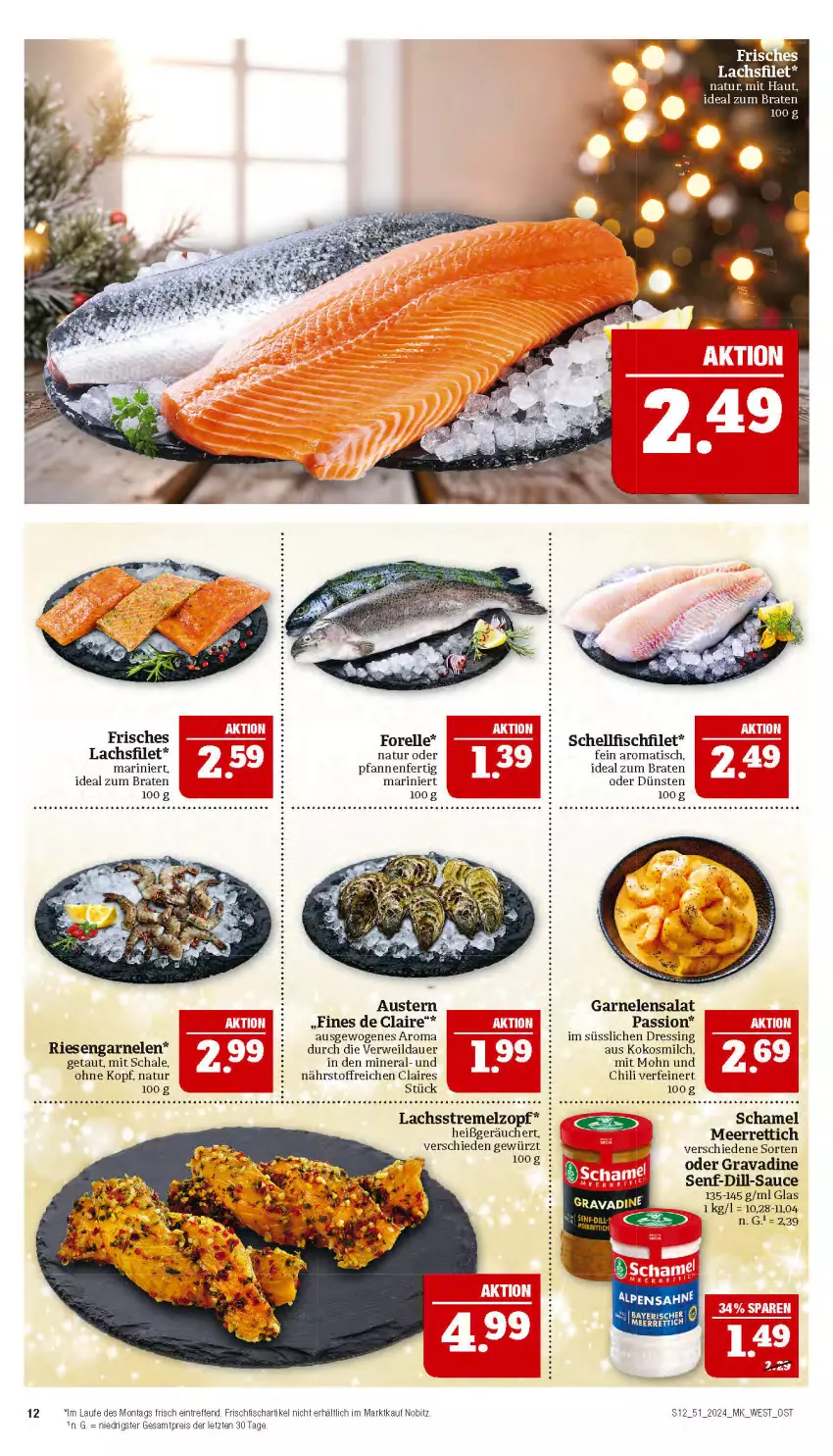 Aktueller Prospekt Marktkauf - Prospekt - von 15.12 bis 21.12.2024 - strona 12 - produkty: auer, aust, Austern, braten, chili, dressing, eis, elle, filet, fisch, forelle, frischfisch, garnelen, gewürz, ideal zum braten, kokos, kokosmilch, lachs, lachsfilet, meerrettich, milch, natur, pfanne, pfannen, reis, rel, Rettich, riesengarnelen, rwe, sahne, salat, sauce, Schal, Schale, schamel, senf, Ti, tisch, ZTE