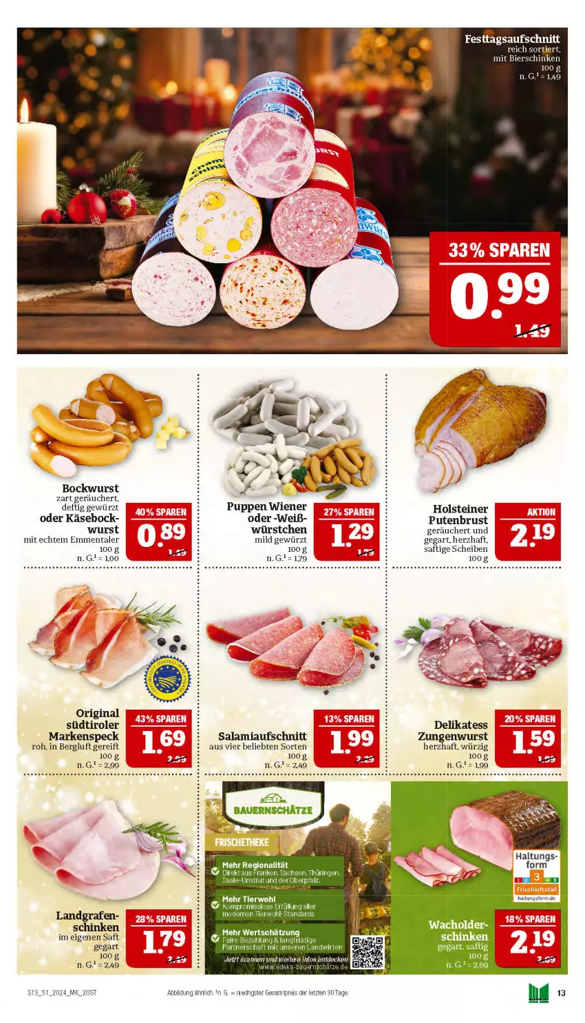 Aktueller Prospekt Marktkauf - Prospekt - von 15.12 bis 21.12.2024 - strona 13 - produkty: auer, aufschnitt, Bau, Bauer, bier, bierschinken, bockwurst, eis, emmentaler, gewürz, gin, holsteiner, Käse, Puppe, pute, putenbrust, reis, saft, salami, schinken, Speck, steiner, südtiroler, Ti, wiener, wurst, würstchen, ZTE