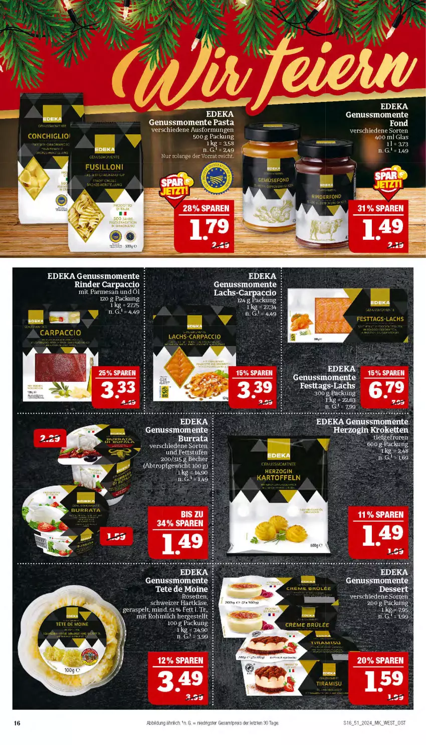 Aktueller Prospekt Marktkauf - Prospekt - von 15.12 bis 21.12.2024 - strona 16 - produkty: ACC, Becher, Carpaccio, deka, dessert, ente, gin, hartkäse, Käse, Kette, Kroketten, lachs, milch, nuss, Ofen, pasta, rasen, rind, rinder, schweizer hartkäse, tee