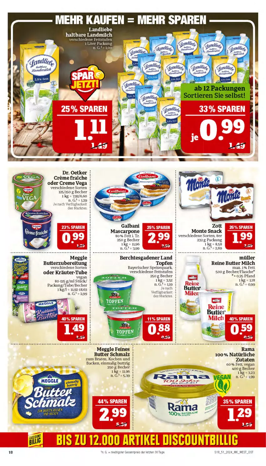 Aktueller Prospekt Marktkauf - Prospekt - von 15.12 bis 21.12.2024 - strona 18 - produkty: Becher, braten, butter, creme, Dr. Oetker, eis, flasche, galbani, kräuter, landliebe, landmilch, malz, mascarpone, meggle, milch, monte, Müller, oder kräuter, quark, rama, reis, Schmalz, snack, speisequark, Ti, topf, Topfen, zott, ZTE