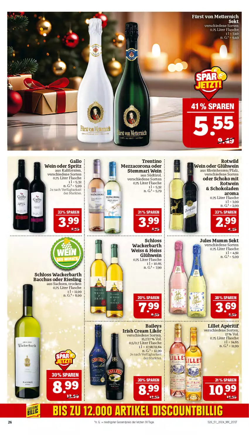 Aktueller Prospekt Marktkauf - Prospekt - von 15.12 bis 21.12.2024 - strona 26 - produkty: ACC, aperitif, baileys, corona, eis, flasche, gallo, Glühwein, irish cream, jules mumm, likör, lillet, Mett, metternich, mezzacorona, mumm, Pinot, reis, riesling, rotwein, sac, schoko, schokolade, schokoladen, sekt, tee, Ti, wein, ZTE