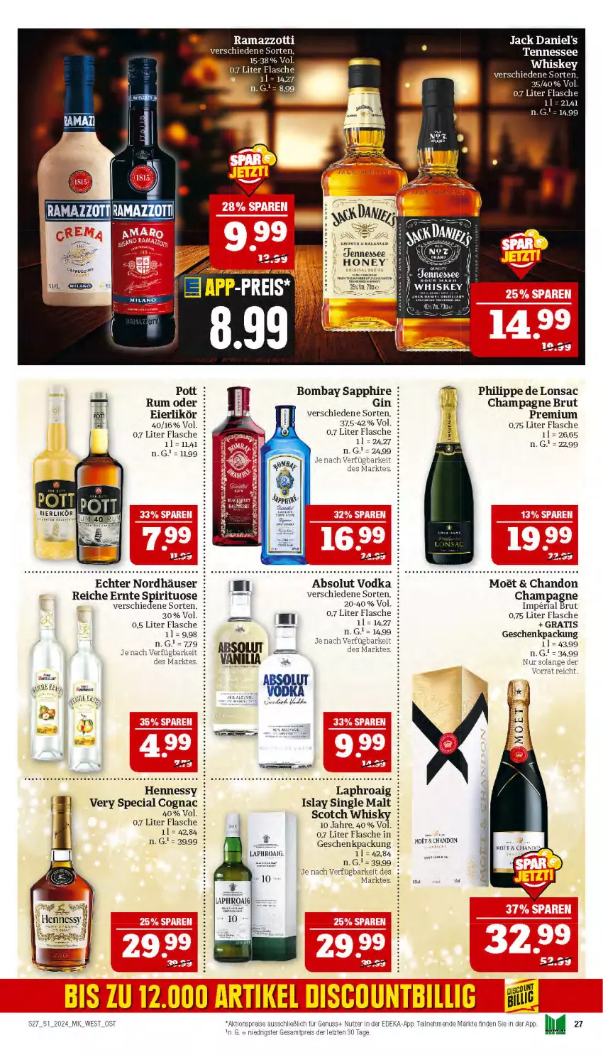 Aktueller Prospekt Marktkauf - Prospekt - von 15.12 bis 21.12.2024 - strona 27 - produkty: Absolut Vodka, aktionspreis, bombay sapphire, brut, champagne, Cognac, deka, drink, drinks, eier, eierlikör, eis, flasche, geschenkpackung, gin, islay single malt, laphroaig, likör, moet, nuss, rama, ramazzott, ramazzotti, reis, Ria, rum, sac, sapphire, scotch, scotch whisky, single malt, Ti, vodka, whisky, zott, ZTE