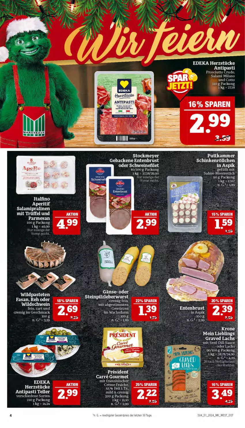 Aktueller Prospekt Marktkauf - Prospekt - von 15.12 bis 21.12.2024 - strona 4 - produkty: antipasti, asti, Cap, creme, deka, elle, ente, Entenbrust, Garten, geback, Gebackene Entenbrust, gewürz, Graved Lachs, krone, lachs, leberwurst, LG, mac, Maus, meerrettich, pastete, pralinen, prosciutto, prosciutto crudo, Rettich, sahne, salami, sauce, schinken, schwein, senf, stockmeyer, teller, Ti, wein, Wild, Wildschwein, wurst