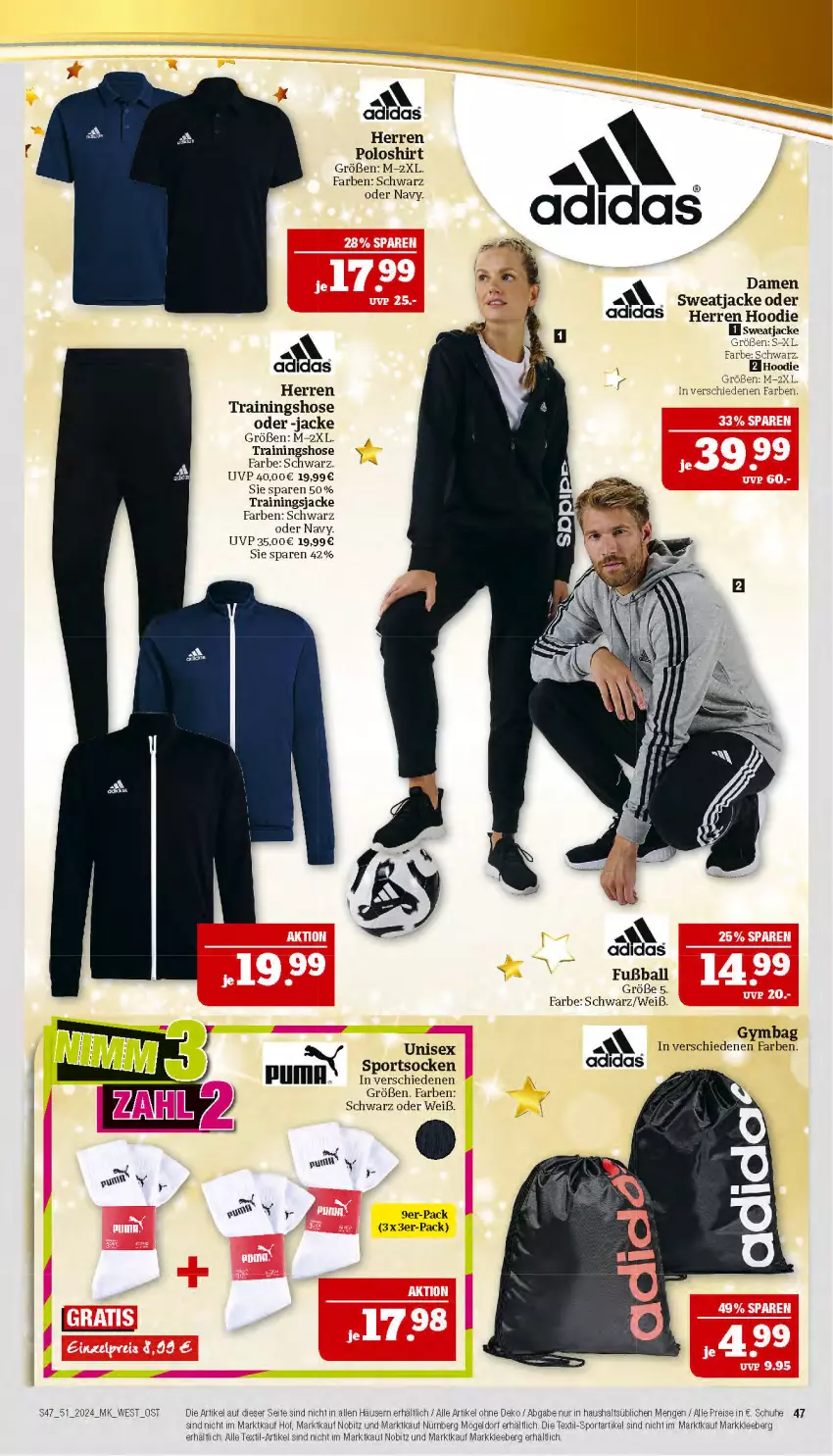 Aktueller Prospekt Marktkauf - Prospekt - von 15.12 bis 21.12.2024 - strona 47 - produkty: Adidas, ball, eis, Fußball, herren poloshirt, hose, Jacke, poloshirt, reis, schuhe, shirt, socken, Sport, sportsocken, sweatjacke, Ti, Trainingshose