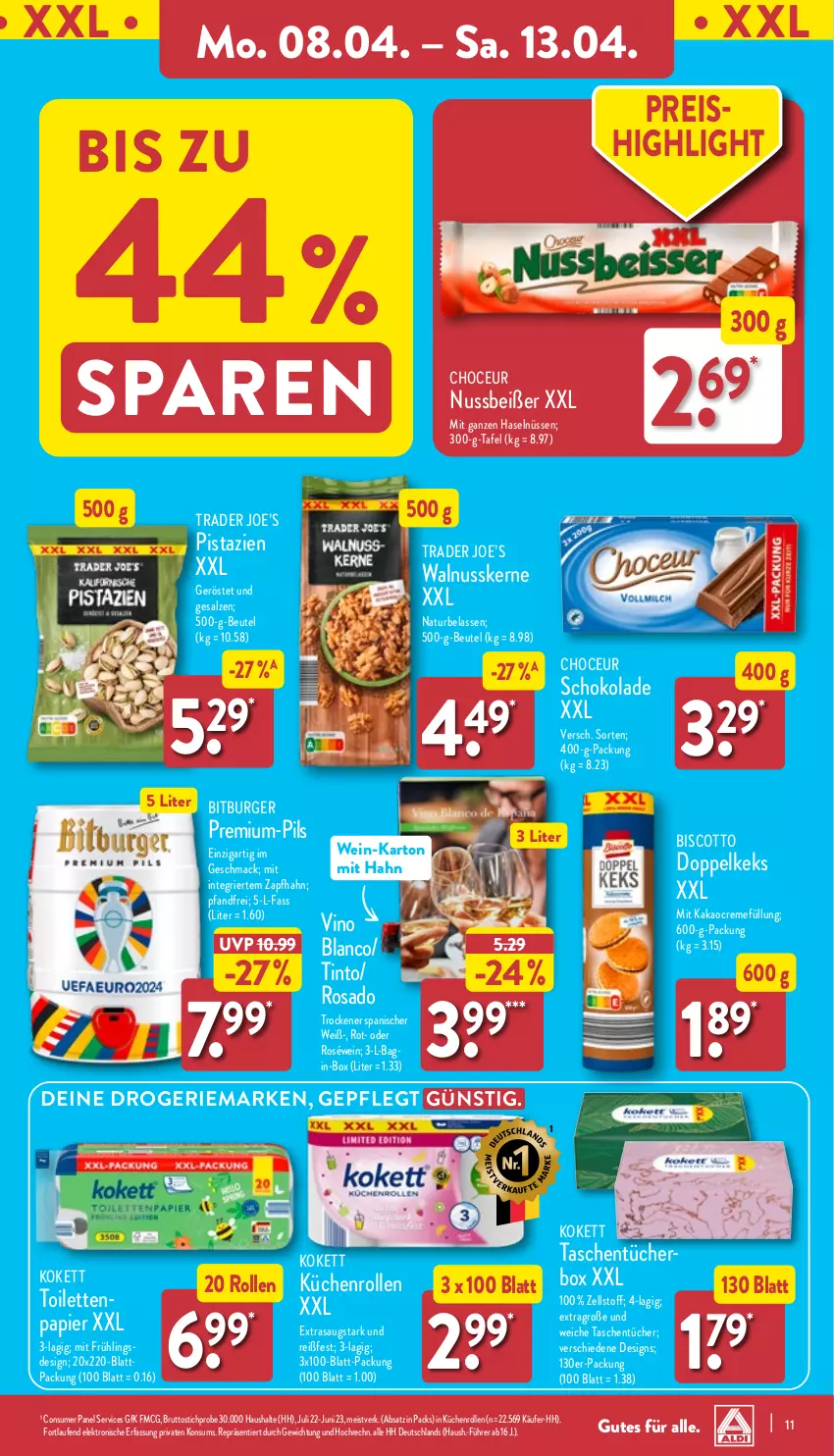 Aktueller Prospekt Aldi Nord - Von Montag - von 08.04 bis 13.04.2024 - strona 11 - produkty: beutel, biscotto, bitburger, brut, burger, creme, eis, Elektro, gin, HP, kakao, keks, küche, Küchen, küchenrolle, küchenrollen, Laufen, mac, natur, nuss, papier, pils, pistazien, reis, roséwein, salz, schoko, schokolade, Tasche, taschen, taschentücher, Ti, tücher, walnuss, walnusskerne, wein, ZTE