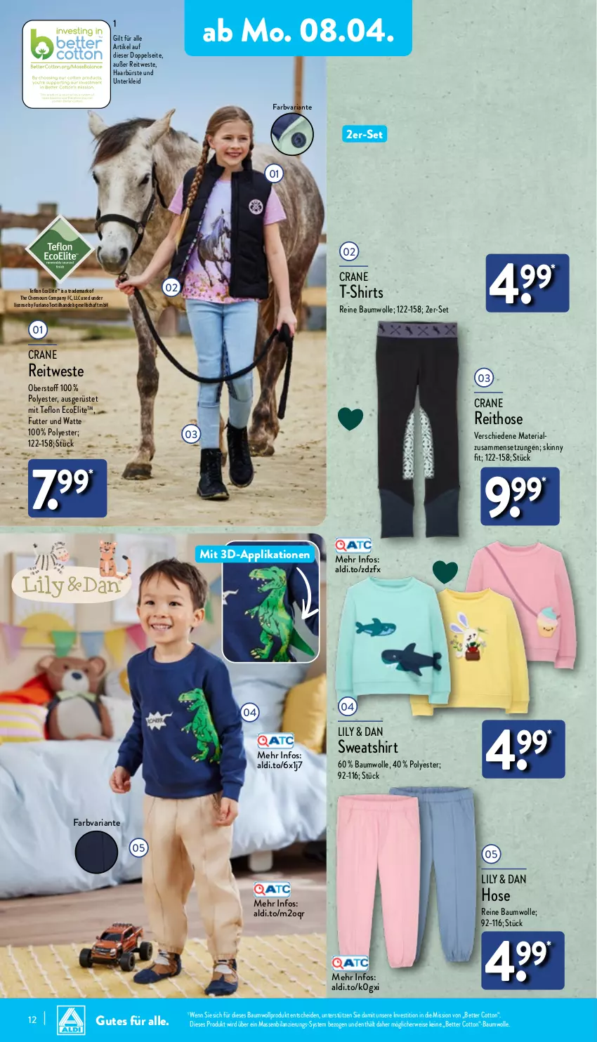 Aktueller Prospekt Aldi Nord - Von Montag - von 08.04 bis 13.04.2024 - strona 12 - produkty: aldi, Bau, baumwolle, bett, bürste, eis, hose, kleid, reine baumwolle, Ria, rwe, shirt, shirts, Sweatshirt, T-Shirt, Ti, Weste, wolle