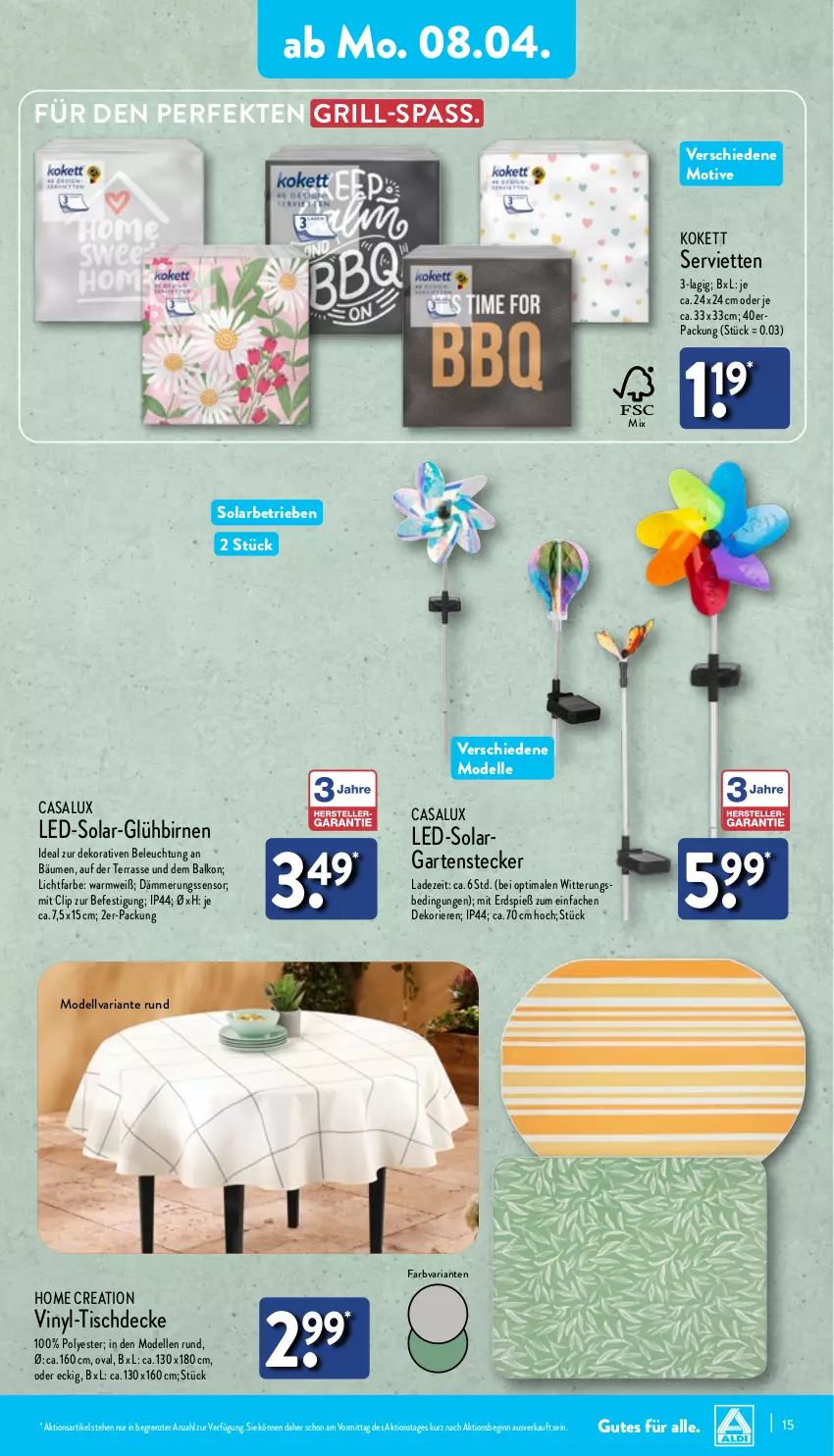 Aktueller Prospekt Aldi Nord - Von Montag - von 08.04 bis 13.04.2024 - strona 15 - produkty: beleuchtung, Birnen, decke, dell, elle, Garten, gin, grill, Mode, Ria, Serviette, servietten, Ti, tisch, tischdecke, ZTE