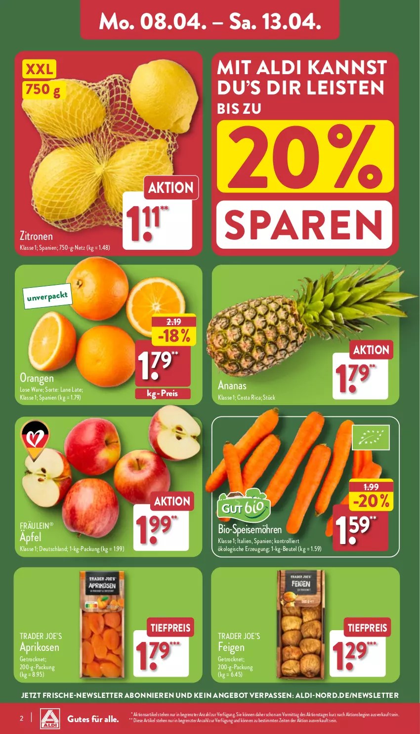 Aktueller Prospekt Aldi Nord - Von Montag - von 08.04 bis 13.04.2024 - strona 2 - produkty: aldi, ananas, angebot, aprikose, aprikosen, beutel, bio, eis, Feigen, gin, möhren, orange, orangen, reis, speisemöhren, Ti, tiefpreis, trolli, zitrone, zitronen, ZTE