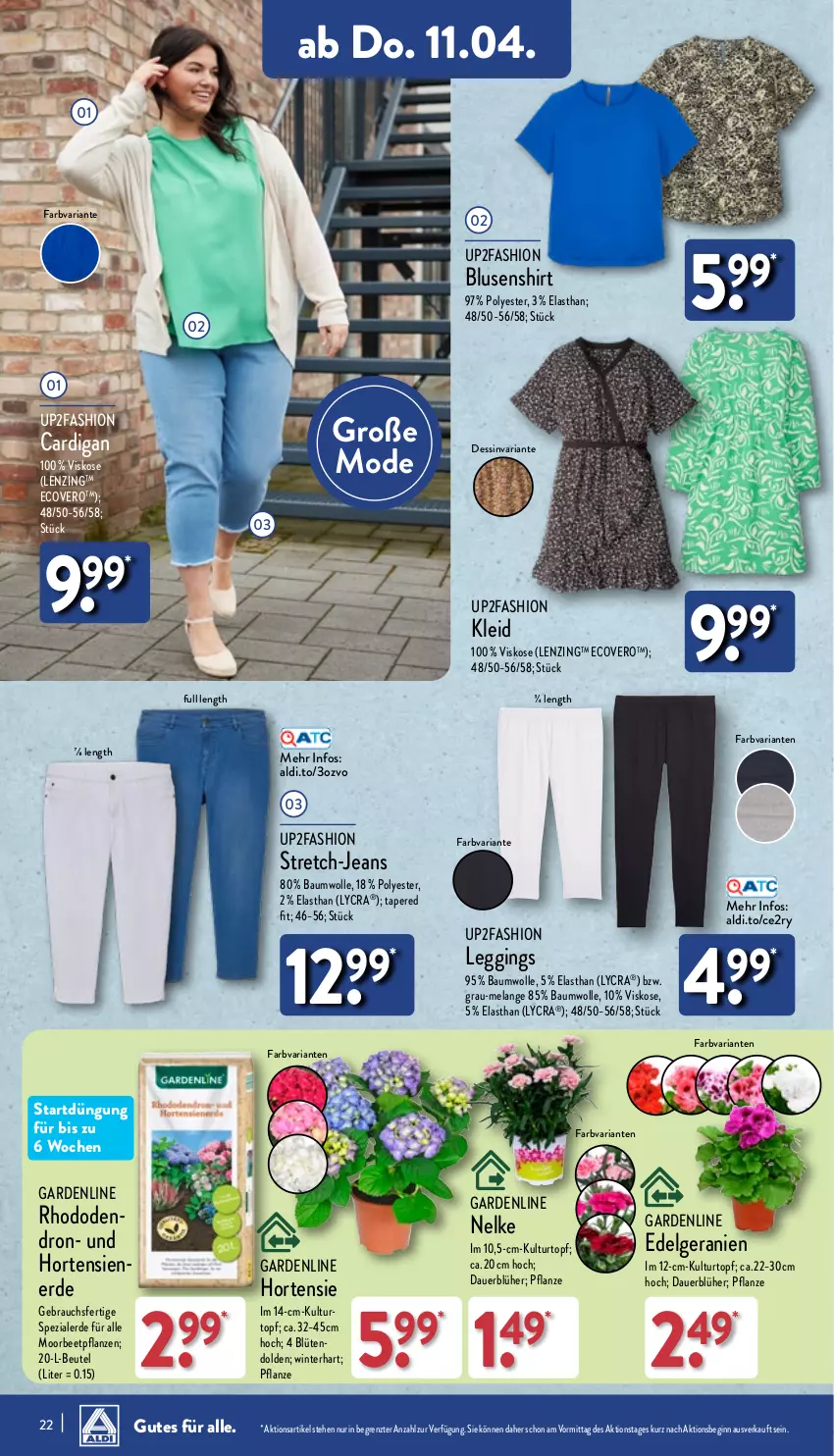 Aktueller Prospekt Aldi Nord - Von Montag - von 08.04 bis 13.04.2024 - strona 22 - produkty: aldi, auer, Bau, baumwolle, beetpflanzen, beutel, bluse, Blüte, Brei, Cardigan, ecovero, Elan, erde, geranie, geranien, gin, hortensie, hortensien, jeans, kleid, kulturtopf, leggings, lenzing, LG, Mode, pflanze, pflanzen, Rauch, Ria, shirt, Spezi, Ti, topf, up2fashion, wolle, ZTE