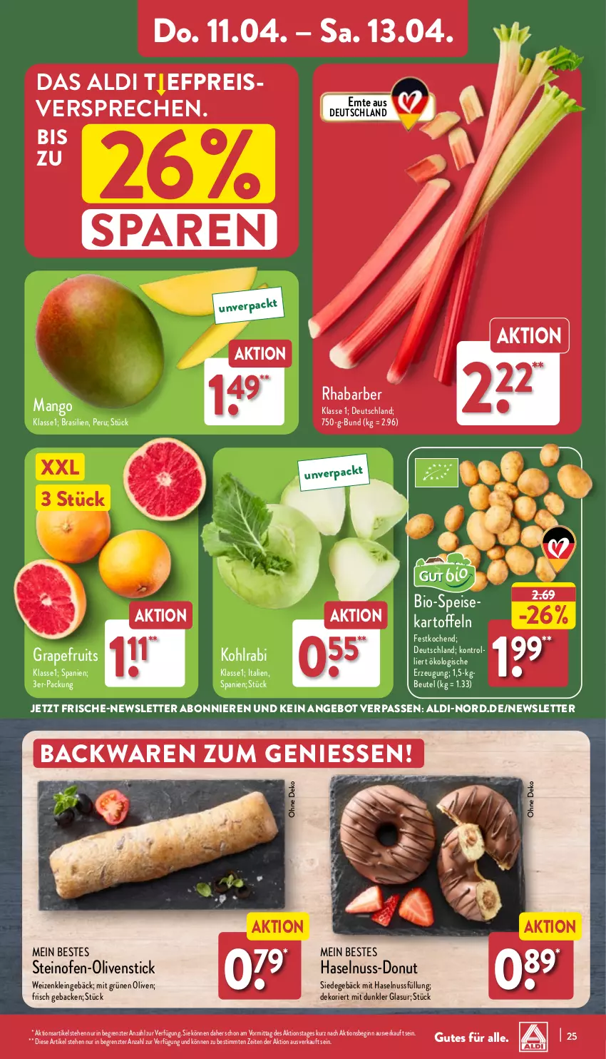 Aktueller Prospekt Aldi Nord - Von Montag - von 08.04 bis 13.04.2024 - strona 25 - produkty: aldi, angebot, backwaren, beutel, bio, Donut, eis, geback, gin, grapefruit, haselnuss, kartoffel, kartoffeln, kohlrabi, mango, nuss, Ofen, olive, oliven, reis, rhabarber, steinofen, Ti, ZTE