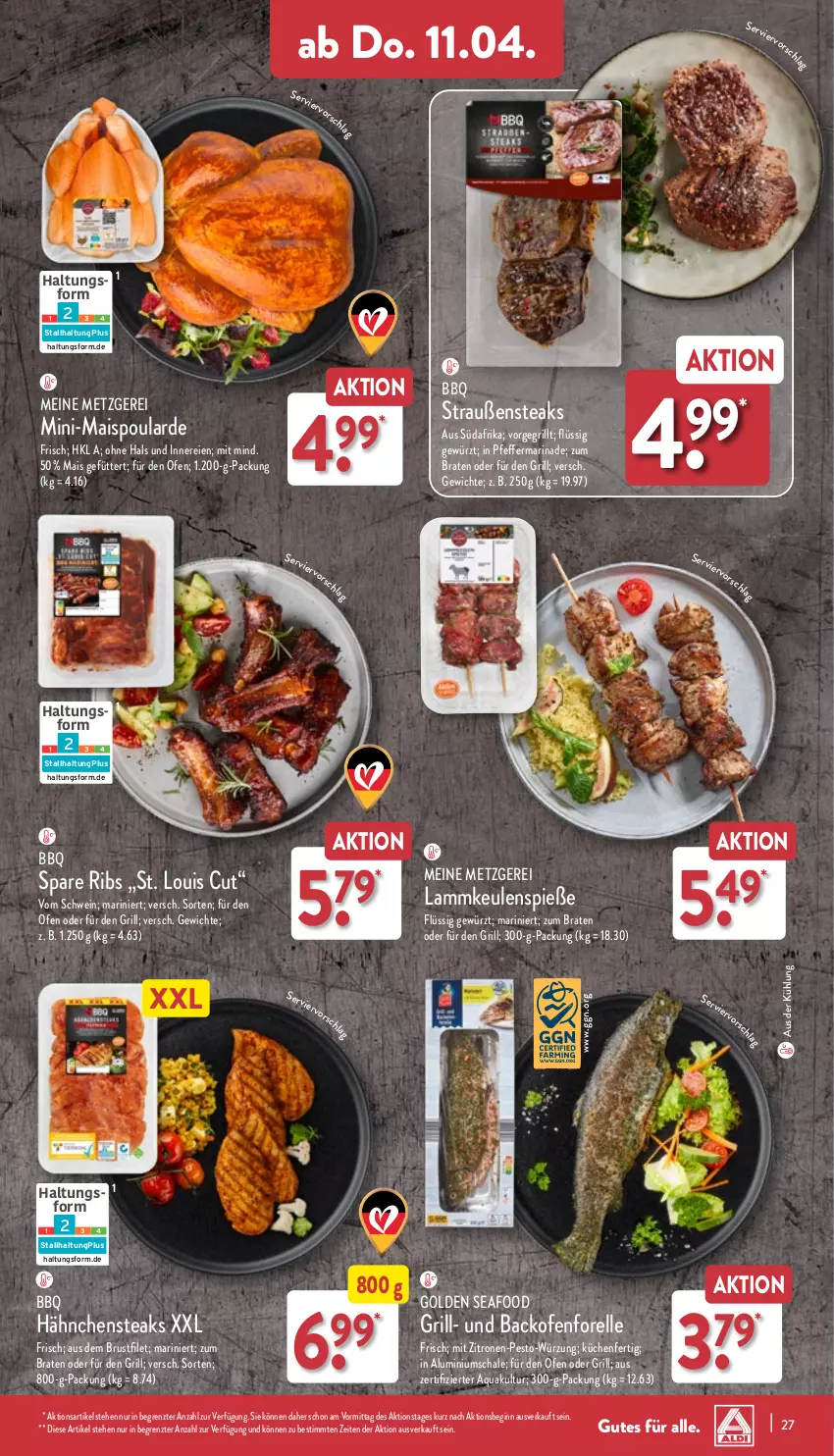 Aktueller Prospekt Aldi Nord - Von Montag - von 08.04 bis 13.04.2024 - strona 27 - produkty: aqua, backofen, braten, brustfilet, elle, filet, forelle, gewürz, gin, grill, Hähnchensteak, hähnchensteaks, küche, Küchen, lamm, lammkeule, mais, marinade, Ofen, pesto, pfeffer, rel, Schal, Schale, schwein, spare ribs, steak, steaks, Ti, wein, zitrone, zitronen, ZTE