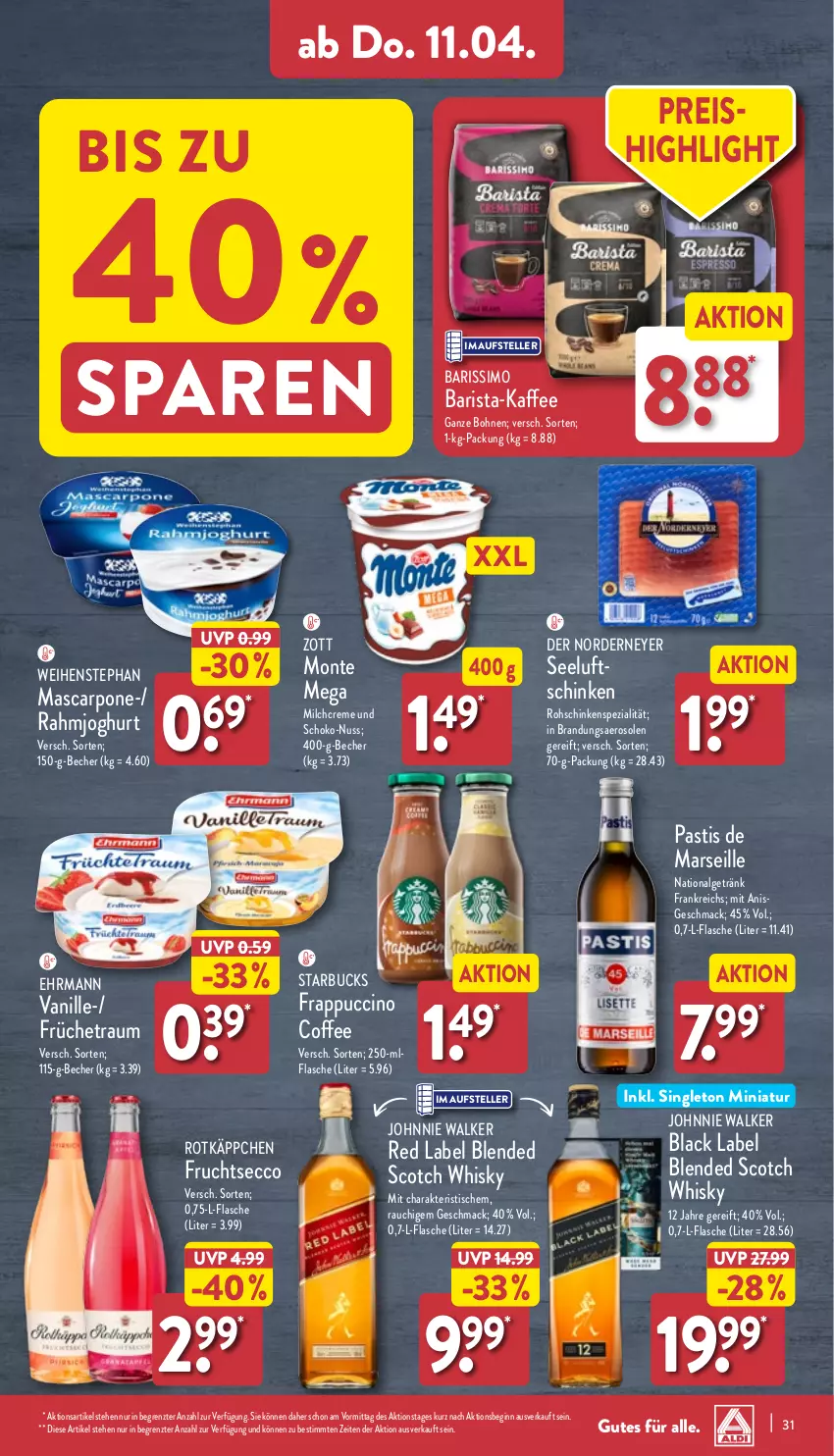 Aktueller Prospekt Aldi Nord - Von Montag - von 08.04 bis 13.04.2024 - strona 31 - produkty: asti, Becher, black label, blended scotch, blended scotch whisky, bohne, bohnen, cin, creme, ecco, ehrmann, eis, elle, flasche, frucht, fruchtsecco, getränk, gin, joghur, joghurt, johnnie walker, kaffee, kaffee ganze bohnen, lack, LG, mac, mars, mascarpone, milch, monte, nuss, rahmjoghurt, Rauch, reis, rohschinken, rotkäppchen, schinken, schoko, scotch, scotch whisky, sim, Spezi, starbucks, teller, Ti, tisch, vanille, weihenstephan, whisky, zott, Zott Monte, ZTE