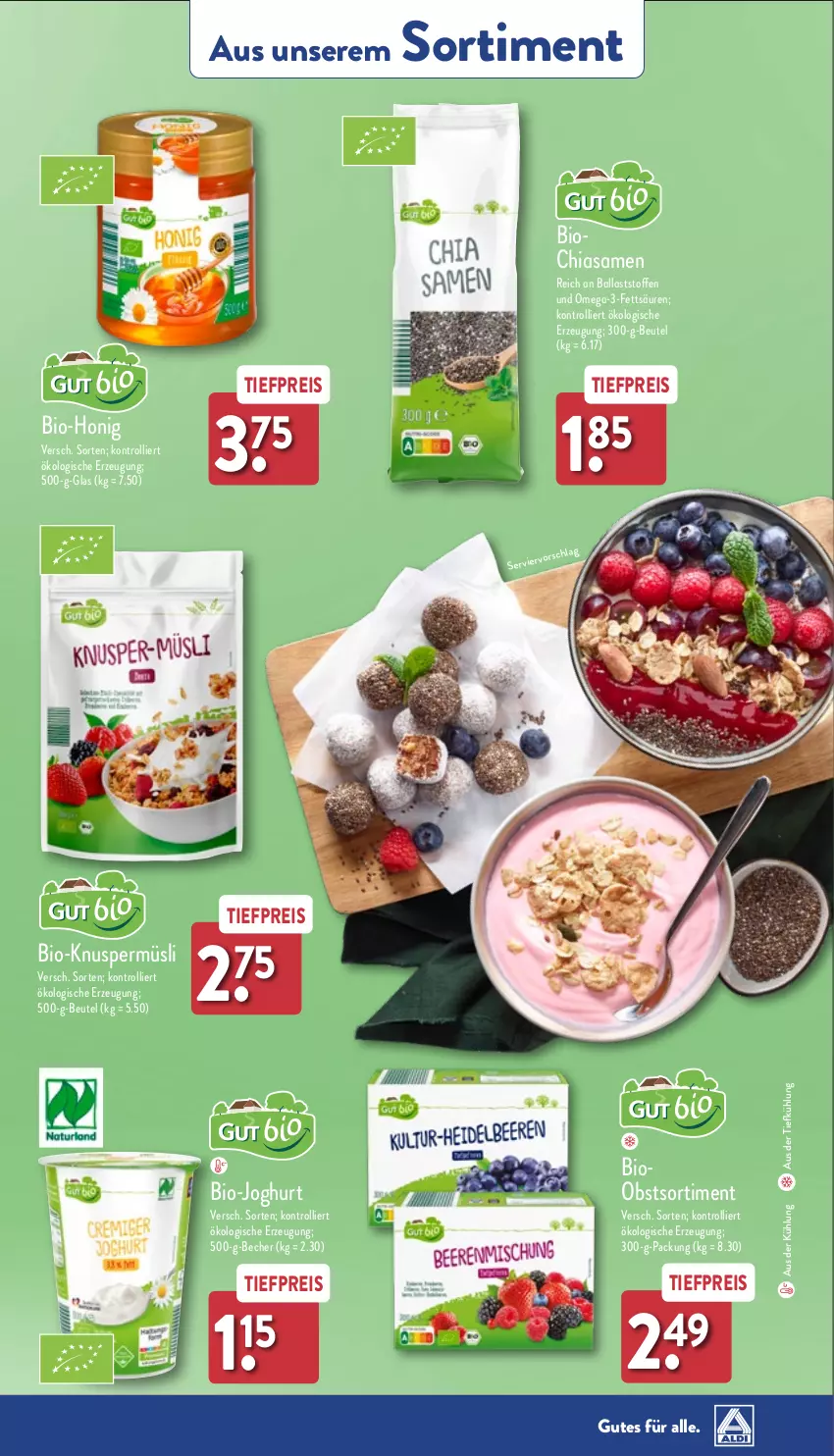 Aktueller Prospekt Aldi Nord - Von Montag - von 08.04 bis 13.04.2024 - strona 33 - produkty: aus der tiefkühlung, ball, Becher, beutel, bio, bio-joghurt, chia, eis, gin, honig, joghur, joghurt, Knuspermüsli, müsli, obst, omega, Omega-3, reis, Ti, tiefpreis, trolli, ZTE