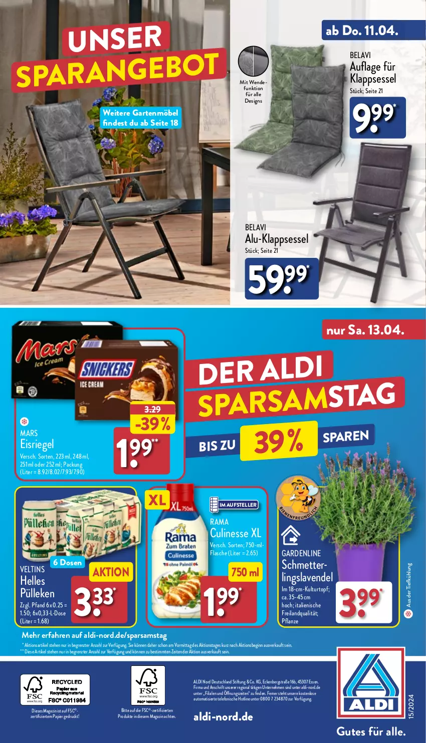 Aktueller Prospekt Aldi Nord - Von Montag - von 08.04 bis 13.04.2024 - strona 42 - produkty: aldi, alu-klappsessel, angebot, aus der tiefkühlung, auto, culinesse, eis, Eisriegel, elle, flasche, Garten, gartenmöbel, gin, klappsessel, kulturtopf, lavendel, magazin, mars, Mett, möbel, papier, pflanze, rama, Rama Culinesse, riegel, sessel, telefon, teller, Ti, topf, veltins, ZTE