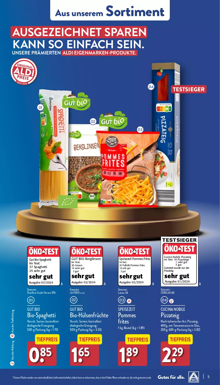 Aktueller Prospekt Aldi Nord - Von Montag - von 08.04 bis 13.04.2024 - strona 5 - produkty: aldi, asti, aus der tiefkühlung, beutel, bio, cin, eis, erde, früchte, hülsenfrüchte, linsen, pizza, Pizzateig, pommes, Pommes Frites, reis, rel, sauce, senf, spaghetti, Ti, tiefpreis, tomate, tomaten, tomatensauce, trolli