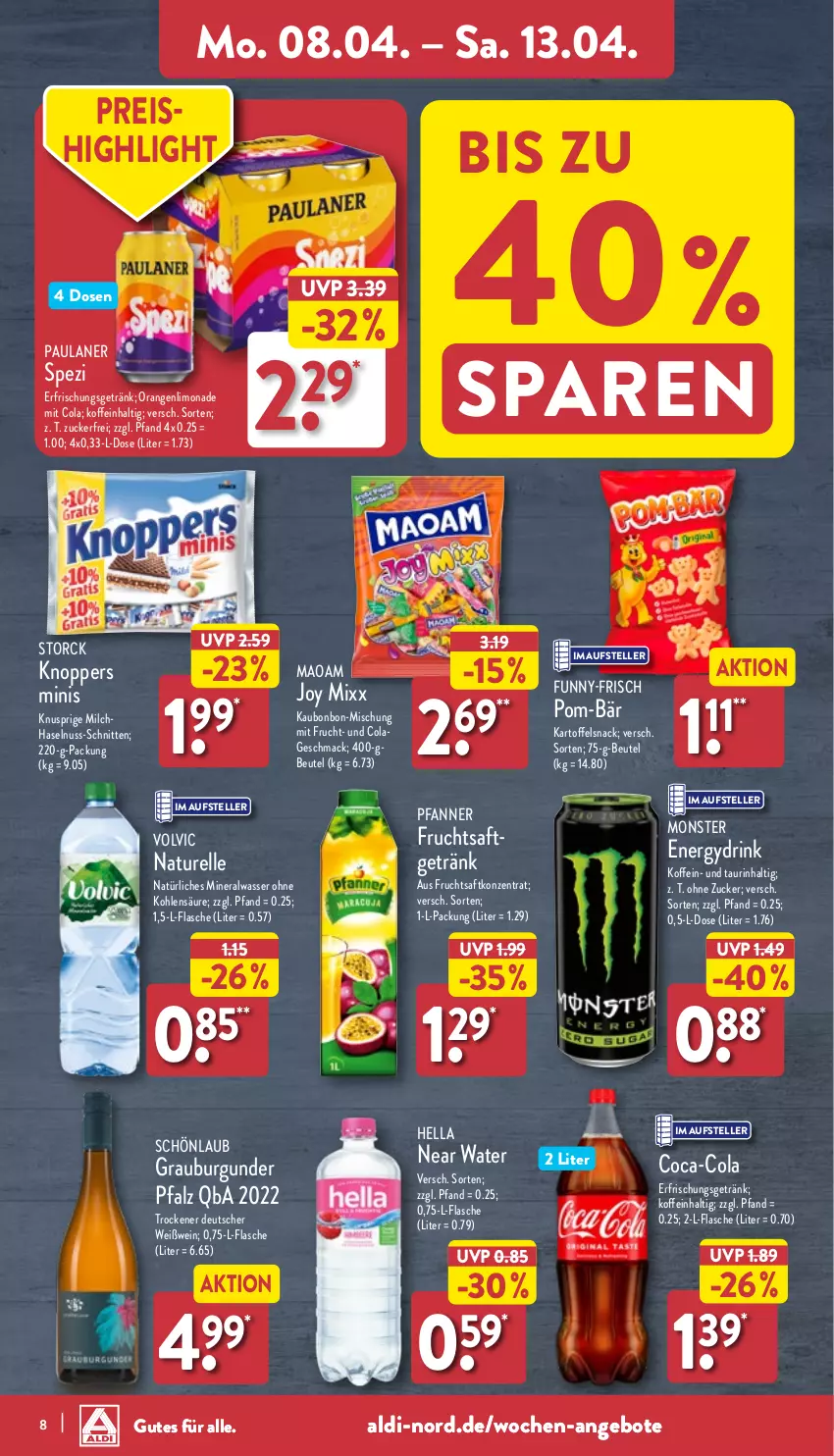 Aktueller Prospekt Aldi Nord - Von Montag - von 08.04 bis 13.04.2024 - strona 8 - produkty: aldi, Alwa, angebot, angebote, beutel, burgunder, coca-cola, cola, drink, eis, elle, erfrischungsgetränk, flasche, frucht, fruchtsaft, funny-frisch, getränk, grauburgunder, haselnuss, hella, kartoffel, knoppers, limo, limonade, mac, maoam, milch, mineralwasser, mit frucht, monster, natur, natürliches mineralwasser, nuss, orange, orangen, Paula, paulaner, pfanne, Pfanner, pom-bär, reis, rel, saft, schnitten, snack, Spezi, storck, teller, Ti, volvic, wasser, wein, Weißwein, zucker