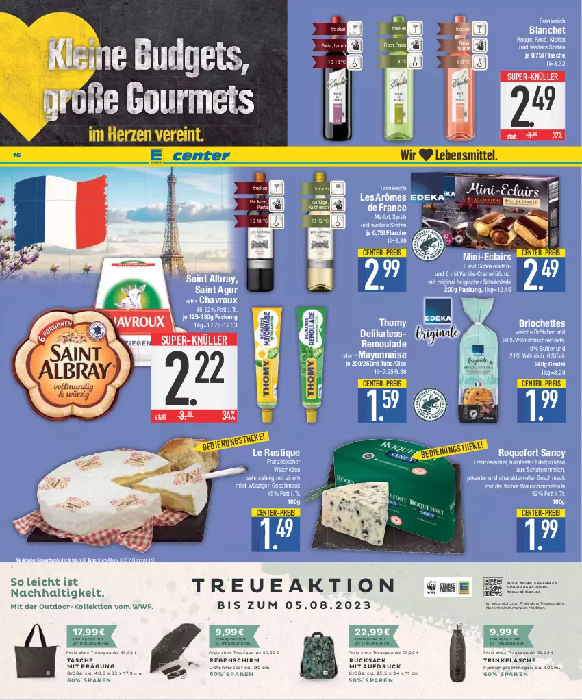 Aktueller Prospekt E Center - Angebote der Woche - von 10.07 bis 15.07.2023 - strona 16 - produkty: albray, aperitif, beutel, brötchen, butter, chavroux, creme, deka, eis, elle, ente, fisch, flasche, fleisch, französischer weichkäse, Garten, Geflügel, gin, hartkäse, Kalbfleisch, Käse, lamm, Le Rustique, LG, mac, mayonnaise, merl, merlot, messer, milch, pasta, reis, remoulade, rouge, rucksack, sac, Saint Agur, saint albray, schoko, schokolade, schokoladen, super-knüller, Tasche, teller, thomy, Ti, trinkflasche, vanille, vollmilch, weichkäse, wolfgarten, Yo, ZTE