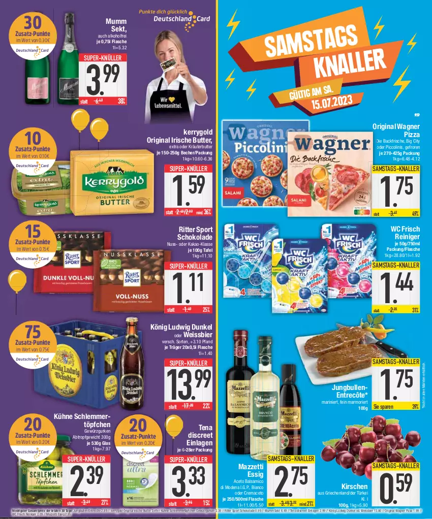 Aktueller Prospekt E Center - Angebote der Woche - von 10.07 bis 15.07.2023 - strona 19 - produkty: aceto, aceto balsamico, alkohol, balsam, balsamico, Becher, bier, butter, Discreet, eis, entrecôte, essig, flasche, gewürz, Gewürzgurke, gewürzgurken, gin, gurke, gurken, irische butter, jungbullen, kakao, kerrygold, kirsch, kirsche, kirschen, kräuter, kräuterbutter, Kühne, mac, Mode, mumm, nuss, oder kräuter, oder piccolinis, original wagner, piccolinis, pizza, reiniger, reis, ritter, ritter sport, schlemmertöpfchen, schoko, schokolade, sekt, Sport, super-knüller, Ti, Töpfchen, wagner, wc frisch, weissbier, ZTE