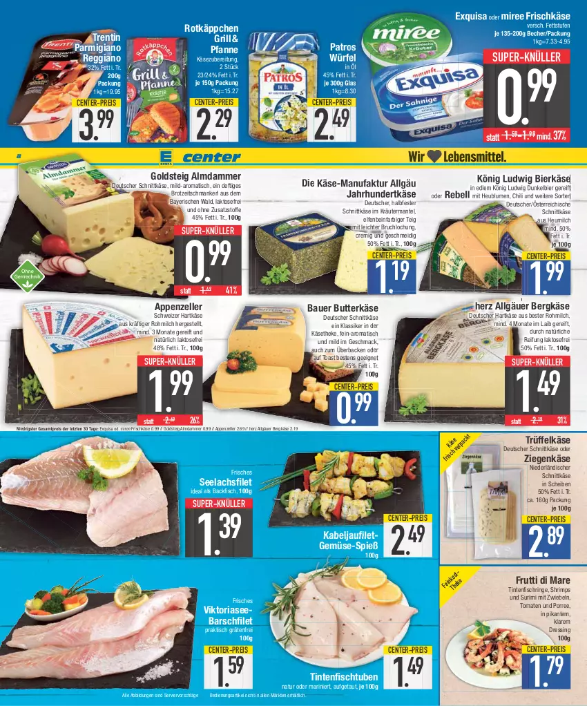 Aktueller Prospekt E Center - Angebote der Woche - von 10.07 bis 15.07.2023 - strona 8 - produkty: appenzeller, auer, backfisch, Bau, Bauer, Becher, Bergkäse, bier, blume, blumen, brot, butter, butterkäse, chili, deutscher schnittkäse, dressing, Dunkelbier, eis, elle, ente, exquisa, Faktu, filet, fisch, frischkäse, frutti di mare, goldsteig, grill, halbfester schnittkäse, hartkäse, Heu, heumilch, kabeljaufilet, Käse, käsetheke, kräuter, lachs, lachsfilet, LG, mac, Mantel, milch, miree, mit zwiebeln, natur, niederländischer schnittkäse, parmigiano, parmigiano reggiano, patros, pfanne, rebell, reggiano, reis, Ria, ring, rotkäppchen, schnittkäse, schweizer hartkäse, seelachsfilet, super-knüller, Ti, Tintenfischringe, tisch, toast, tomate, tomaten, Trüffel, würfel, ziegenkäse, ZTE, zwiebel, zwiebeln