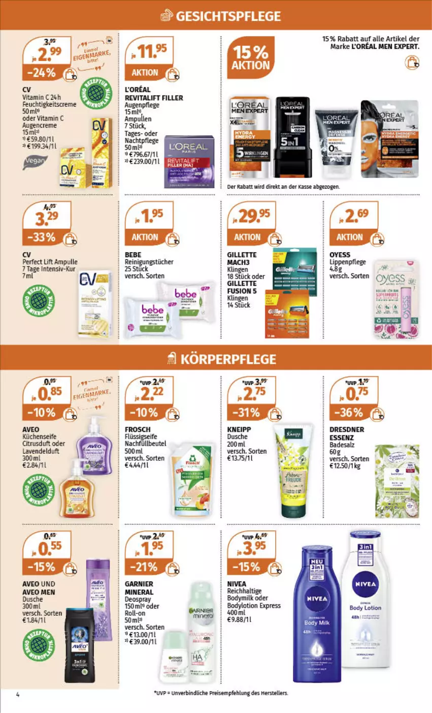 Aktueller Prospekt Mueller - Angebote entdecken & sparen! - von 30.01 bis 04.02.2023 - strona 4 - produkty: Augenpflege, Bebe, beutel, body, body lotion, bodylotion, Bodymilk, citrus, creme, deo, deospray, eis, elle, feuchtigkeitscreme, flüssigseife, gesichtspflege, gillette, küche, Küchen, Küchenseife, Lippenpflege, Lotion, mac, mach3, Reinigung, reinigungstücher, reis, Revital, revitalift, roll-on, Seife, teller, Ti, tücher, vita, Vitamin C