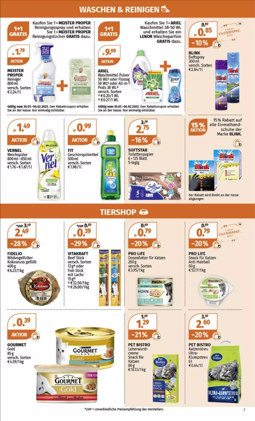 Aktueller Prospekt Mueller - Angebote entdecken & sparen! - von 30.01 bis 04.02.2023 - strona 7 - produkty: ariel, ball, beef, coupon, creme, eis, elle, geschirr, geschirrspülmittel, Katzenstreu, klumpstreu, kokos, kokosnuss, kraft, leberwurst, lenor, Meister, meister proper, nuss, papier, Pods, reiniger, Reinigung, reinigungstücher, reis, rel, schuhe, senf, snack, spülmittel, teller, Ti, toilettenpapier, tücher, vernel, vita, vitakraft, Vogelfutter, wäscheparfüm, waschmittel, weichspüler, Wild, wurst