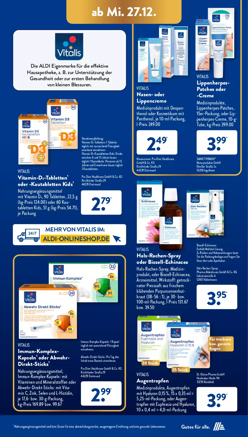 Aktueller Prospekt AldiSud - IN ZWEI WOCHEN - von 27.12 bis 30.12.2023 - strona 21 - produkty: aldi, Apotheke, beutel, bio, creme, Echinacea, eis, Gesundheit, hyaluron, ilag, Kinder, kosmetik, Kraut, leine, medizinprodukt, natur, Panthenol, reis, saft, tablet, tablett, Tablette, Ti, vita, vitalis, Vitamin C, Vitamin D, Vitamine, ZTE