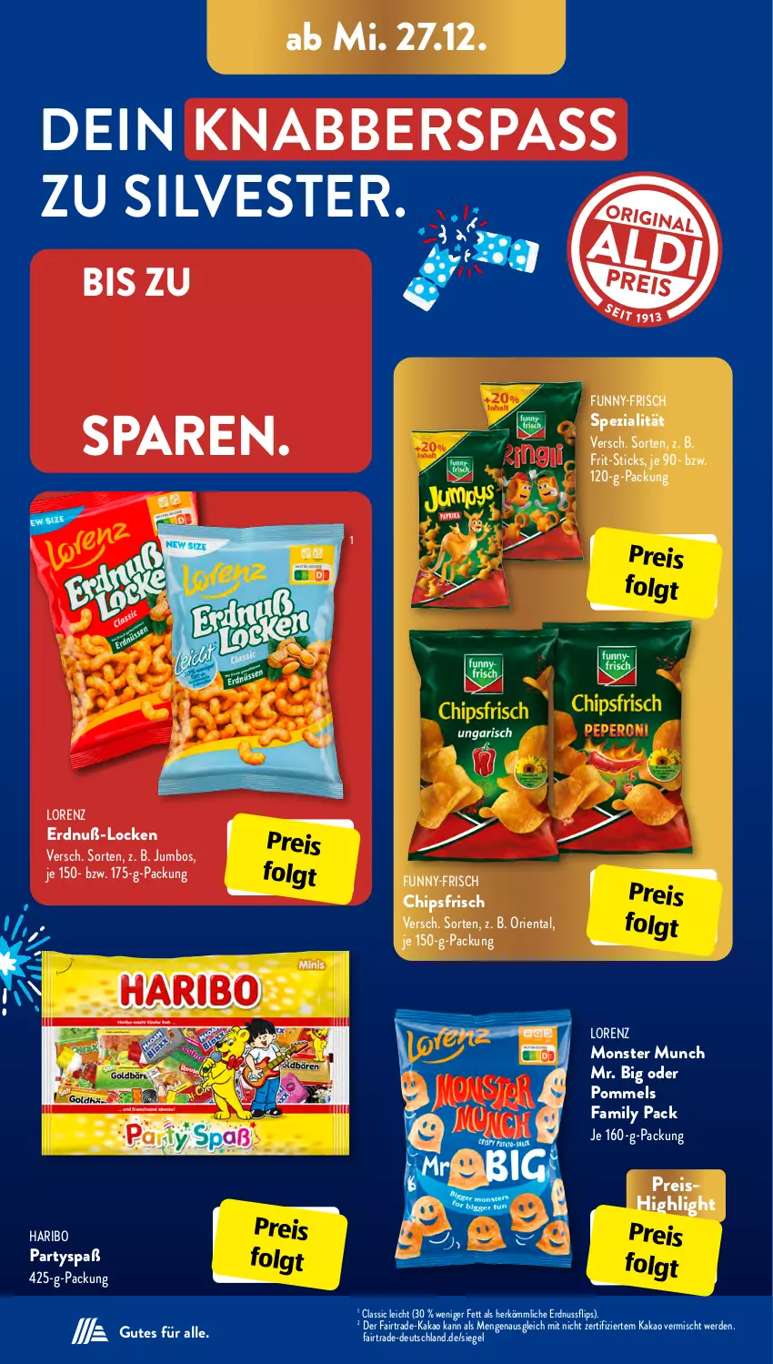 Aktueller Prospekt AldiSud - IN ZWEI WOCHEN - von 27.12 bis 30.12.2023 - strona 8 - produkty: chips, chipsfrisch, eis, erde, erdnuss, Frit-Sticks, funny-frisch, haribo, jumbo, kakao, LG, lorenz, monster, nuss, Pommels, reis, Spezi, Ti