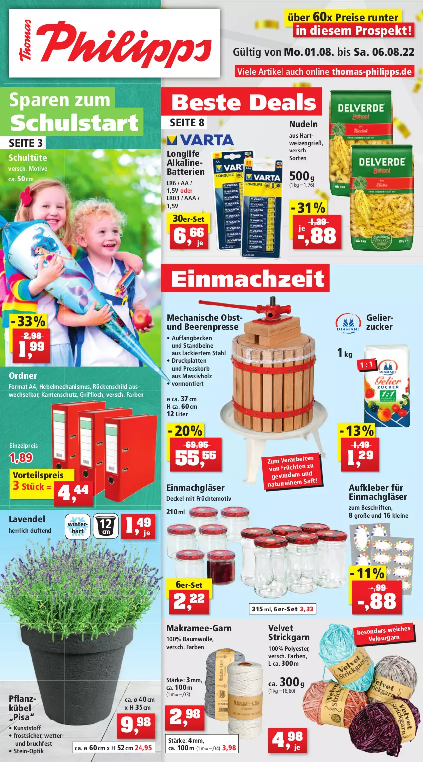 Aktueller Prospekt Thomas Philipps - Prospektwerbung - von 01.08 bis 06.08.2022 - strona 1 - produkty: Aufkleber, batterie, batterien, Bau, baumwolle, beere, beeren, decke, Deckel, eis, früchte, früchten, gelierzucker, Gläser, hartweizen, Holz, kleber, korb, lack, latte, lavendel, leine, longlife, mac, massivholz, natur, nudel, nudeln, obst, ordner, reis, saft, Strickgarn, Ti, Tüte, velvet, vorteilspreis, wolle, zucker