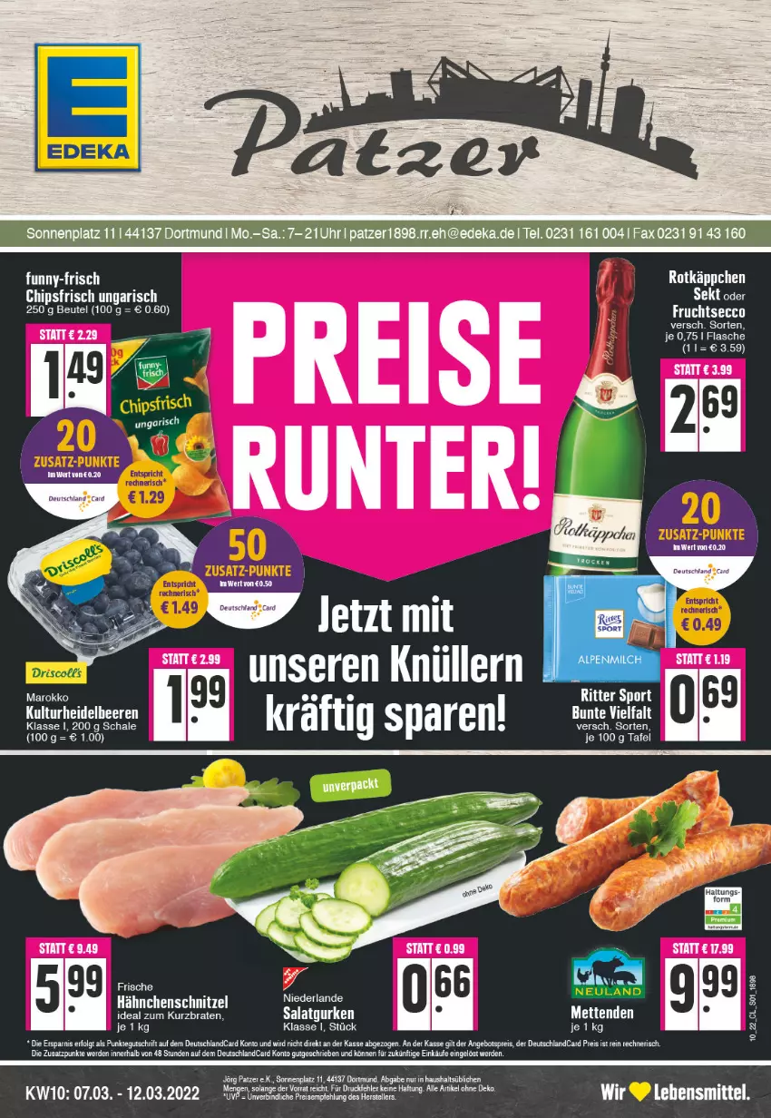 Aktueller Prospekt Edeka - Angebote der Woche - von 07.03 bis 12.03.2022 - strona 1 - produkty: angebot, angebotspreis, beere, beeren, beutel, chips, chipsfrisch, deka, deutschlandcard, eis, erde, funny-frisch, Hähnchenschnitzel, lebensmittel, reis, rotkäppchen, Schal, Schale, schnitzel, sekt, tee, Ti, uhr