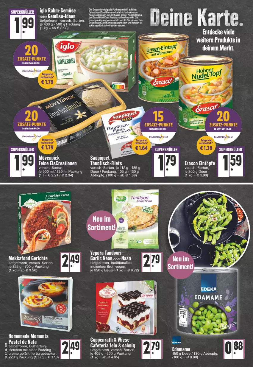 Aktueller Prospekt Edeka - Angebote der Woche - von 07.03 bis 12.03.2022 - strona 14 - produkty: beutel, blätterteig, brot, coppenrath, creme, eintöpfe, eis, elle, erasco, filet, filets, fisch, geback, mam, mövenpick, pizza, pudding, Ria, saupiquet, thunfisch, Ti, Törtchen