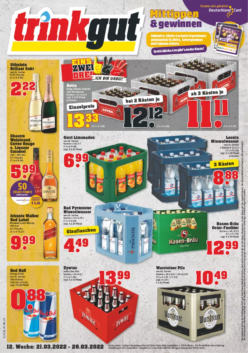 Aktueller Prospekt Trinkgut - von 21.03 bis 26.03.2022 - strona 1 - produkty: Alwa, angebot, angebotspreis, Bad, bier, brillant sekt, caramel, Cars, deutschlandcard, drink, eis, energy drink, erde, flasche, johnnie walker, LG, limo, limonade, limonaden, liqueur, mineralwasser, monte, pils, red bull, reis, rouge, scotch, scotch whisky, sekt, söhnlein, söhnlein brillant, steiner, warsteiner, wasser, wein, weinbrand, whisky