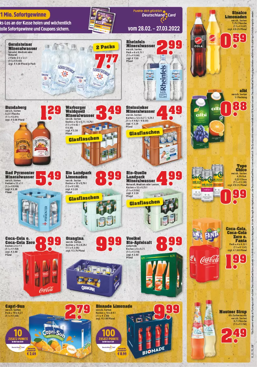 Aktueller Prospekt Trinkgut - von 21.03 bis 26.03.2022 - strona 3 - produkty: Alwa, angebot, angebotspreis, apfel, apfelsaft, Bad, bio, bionade, braten, Bundaberg, burger, coca-cola, cola, coupon, coupons, deutschlandcard, eis, elle, erde, fanta, flasche, gerolsteine, gerolsteiner, gin, glasflasche, LG, limo, limonade, limonaden, Mautner, mineralwasser, monte, natur, orangina, reis, rel, saft, sinalco, sirup, Sprudel, steiner, Steinsieker, Ti, wasser, zucker