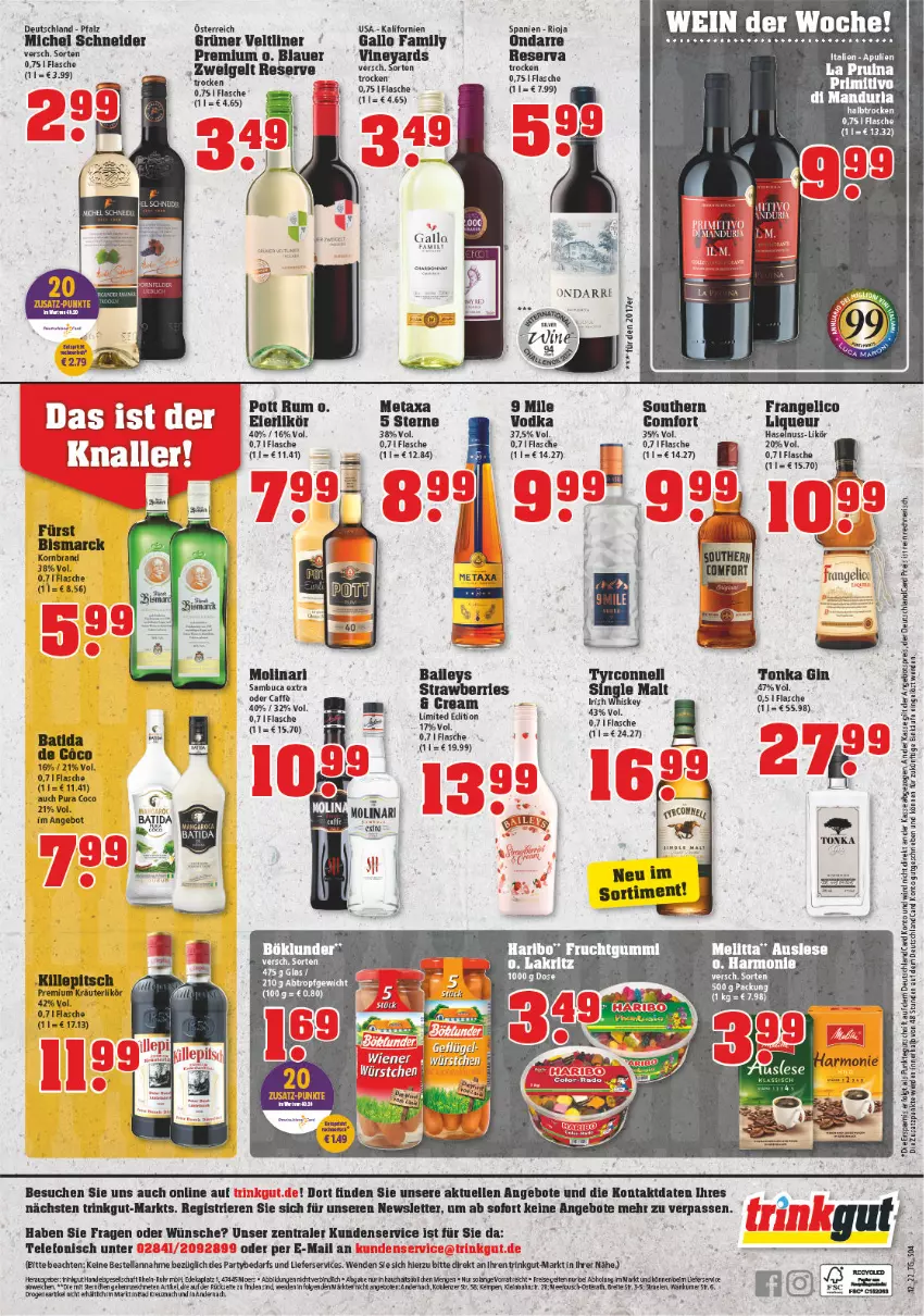 Aktueller Prospekt Trinkgut - von 21.03 bis 26.03.2022 - strona 4 - produkty: angebot, angebote, auer, baileys, batida, bismarck, böklunder, elle, flasche, frangelico, frucht, fruchtgummi, gallo, gallo family, gin, grüner veltliner, haribo, haselnuss, korn, kräuter, kräuterlikör, Lakritz, likör, liqueur, melitta, Metaxa, Michel Schneider, nuss, rioja, rum, sambuca, single malt, tee, telefon, Ti, uhr, vodka, würstchen, Zweigelt