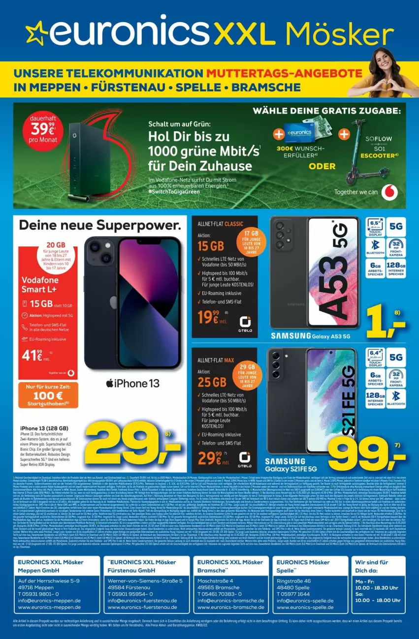 Aktueller Prospekt Euronics - Prospekte - von 04.05 bis 11.05.2022 - strona 1 - produkty: bio, elle, euronics xxl, iphone, IPhone 13, ring, Samsung, samsung galaxy, Samsung Galaxy S, Schal, siemens, spee, Surf, tee, Ti, uhr, vodafone